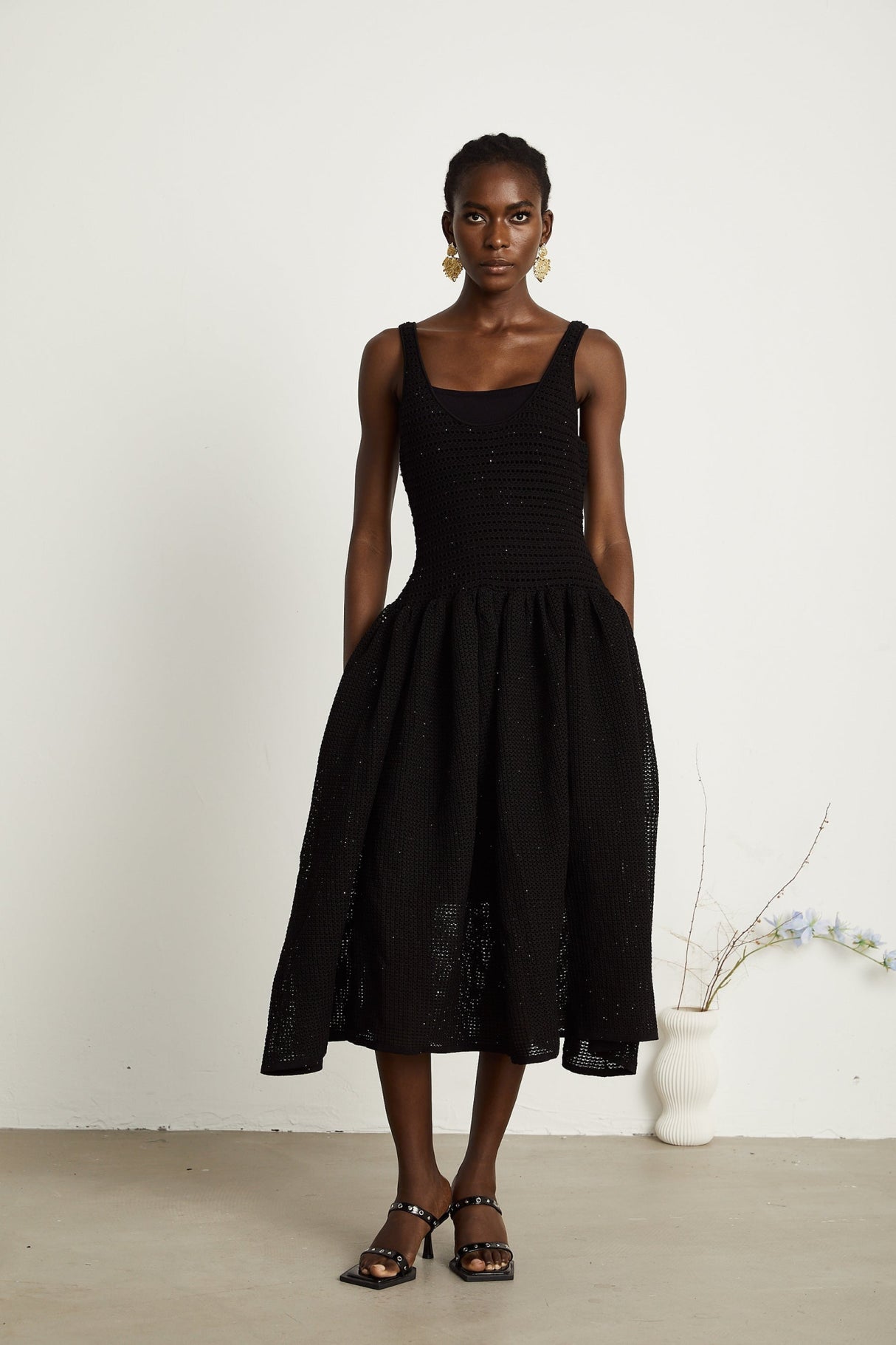 Violet Midi Dress Black Crochet Knit Sequin Flared Skirt