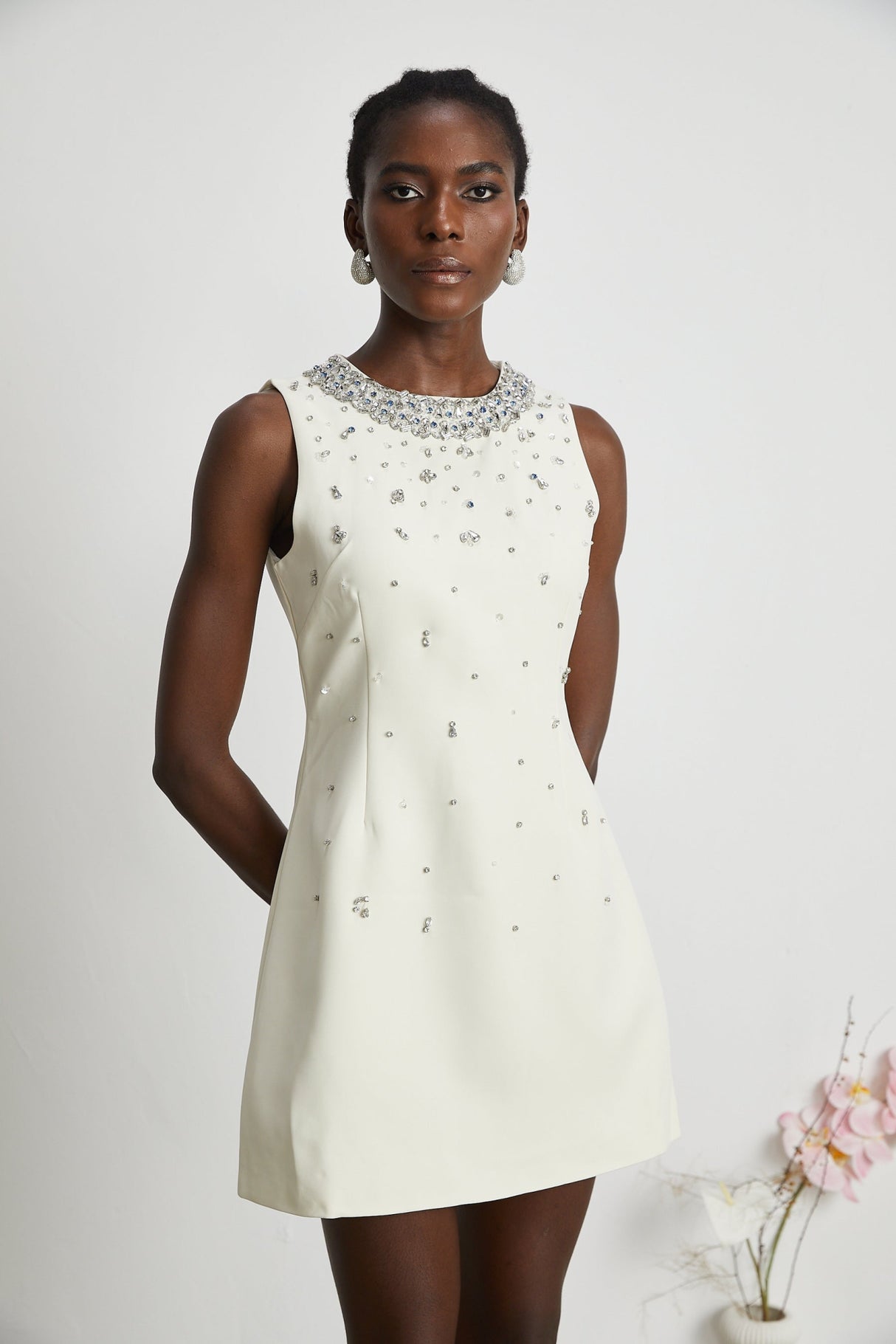 Violet Mini Dress White Crystal Embellished Sleeveless & Rear