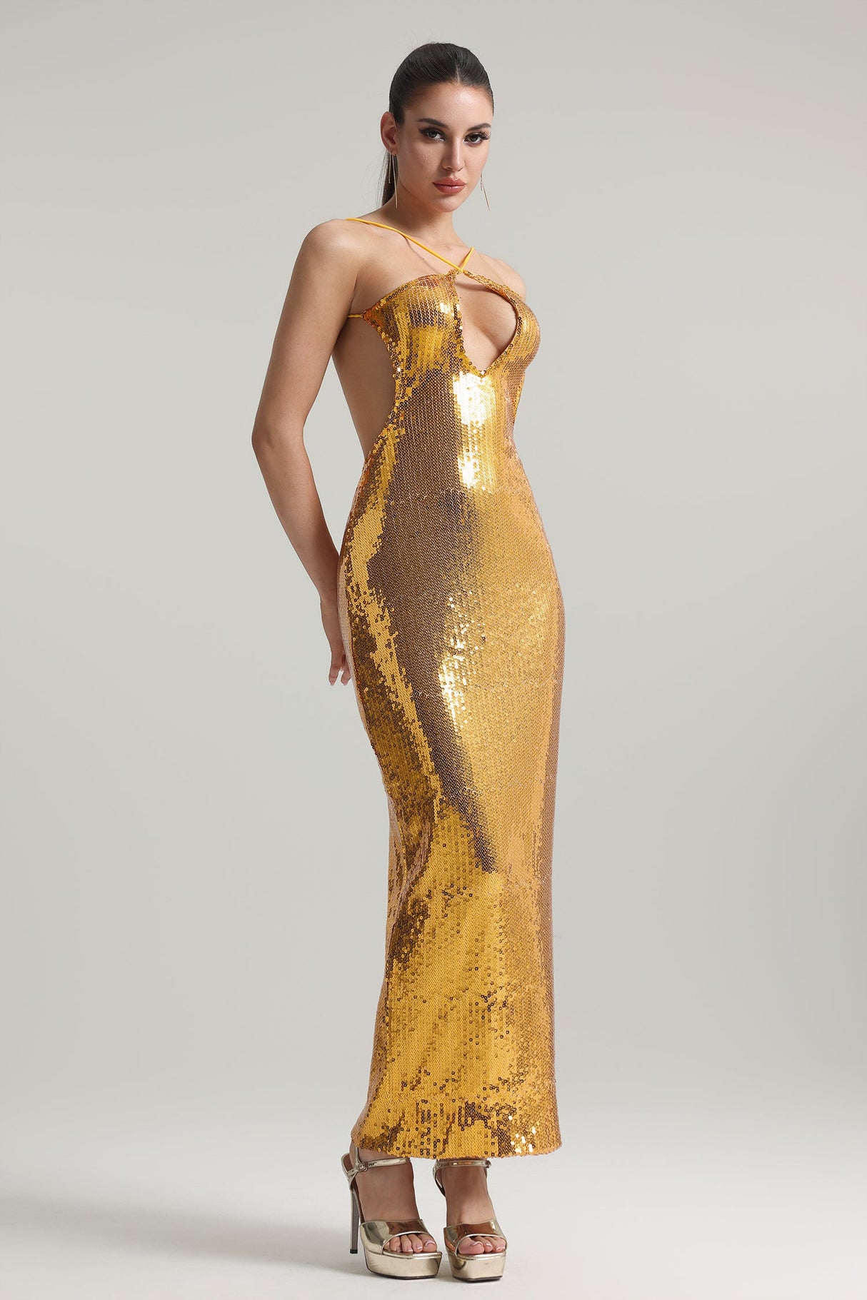 Violetta Gold Sequin Backless Halter Neckline Cut-Out Evening Dress