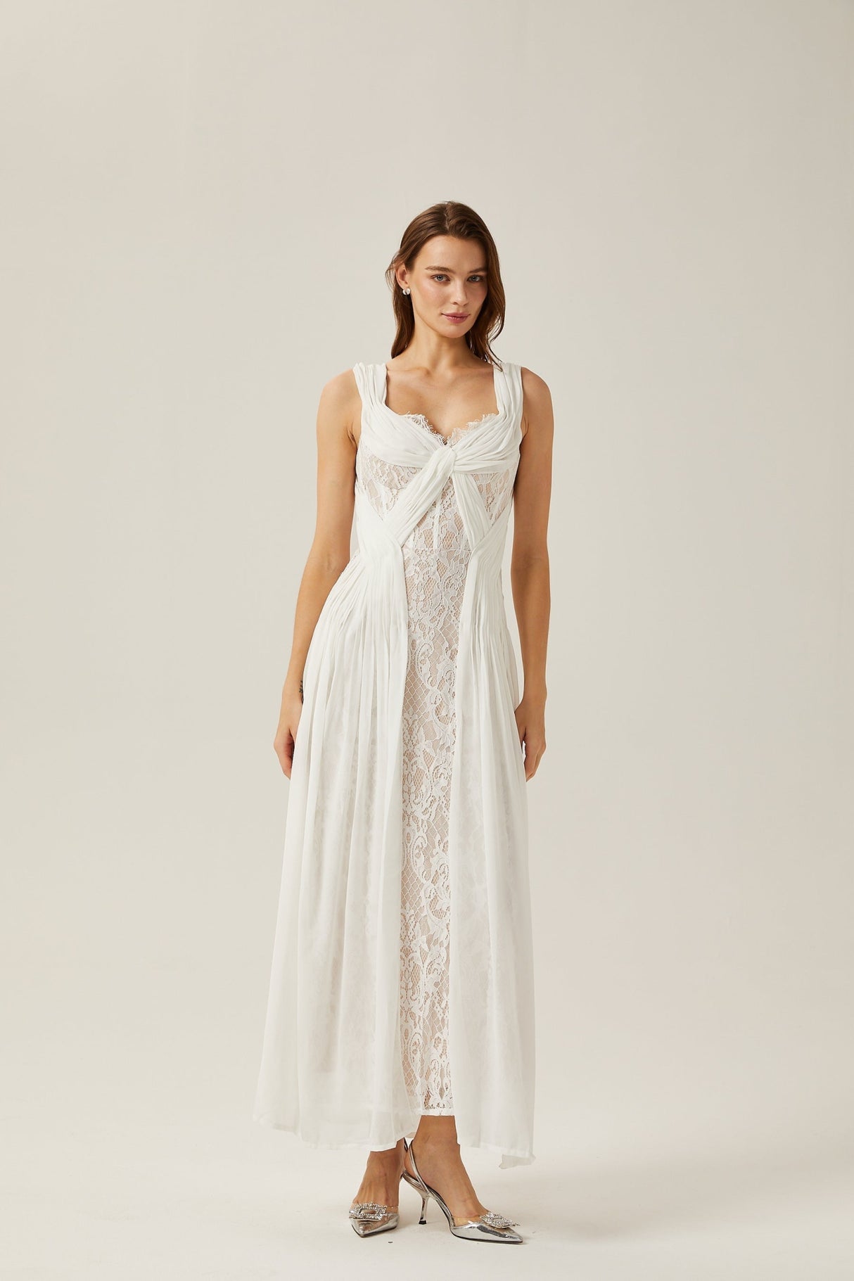 Violetta Maxi Dress in Immaculate White with V - Neck