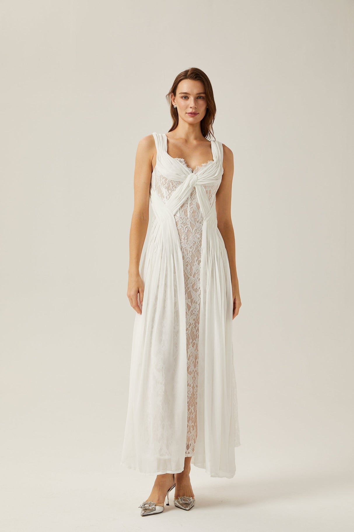 Violetta Maxi Dress in Immaculate White with V - Neck