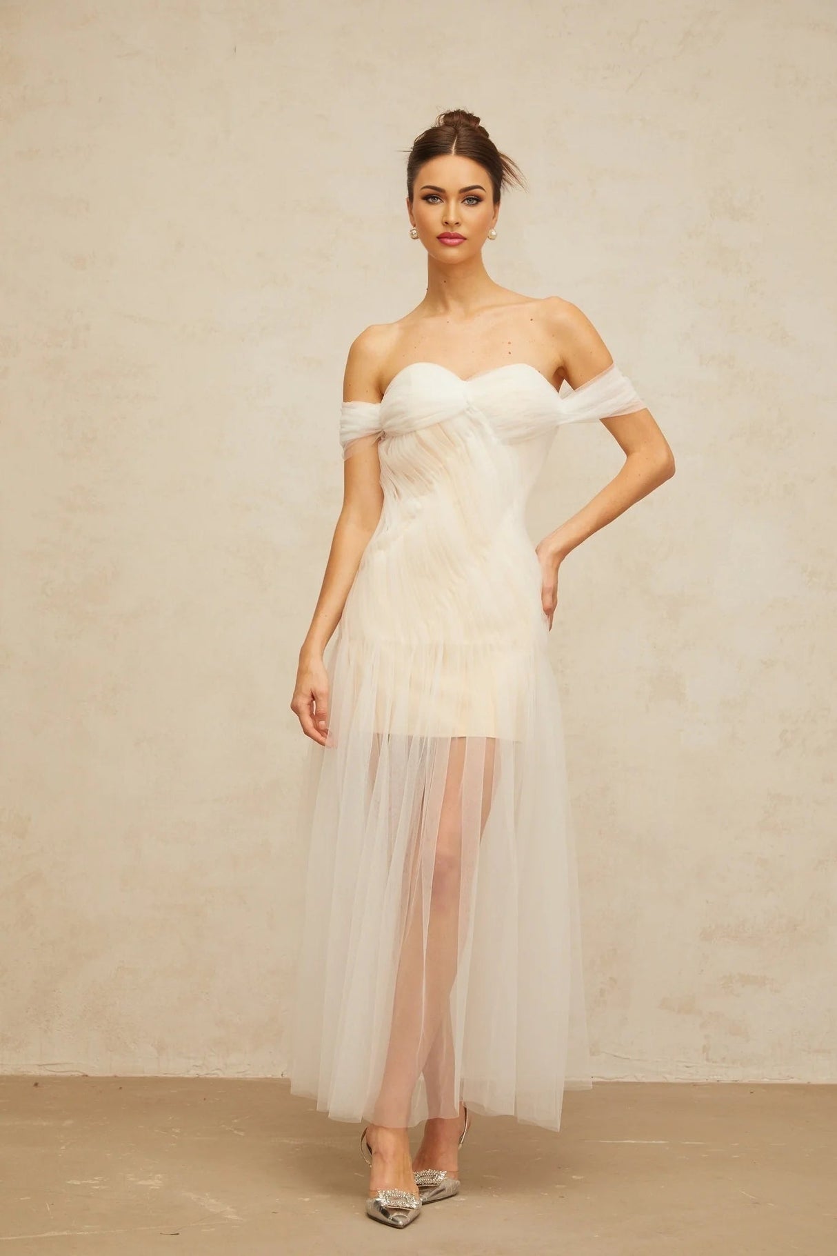 Violetta Maxi Dress White Pleated Tulle Off - Shoulder Hemline