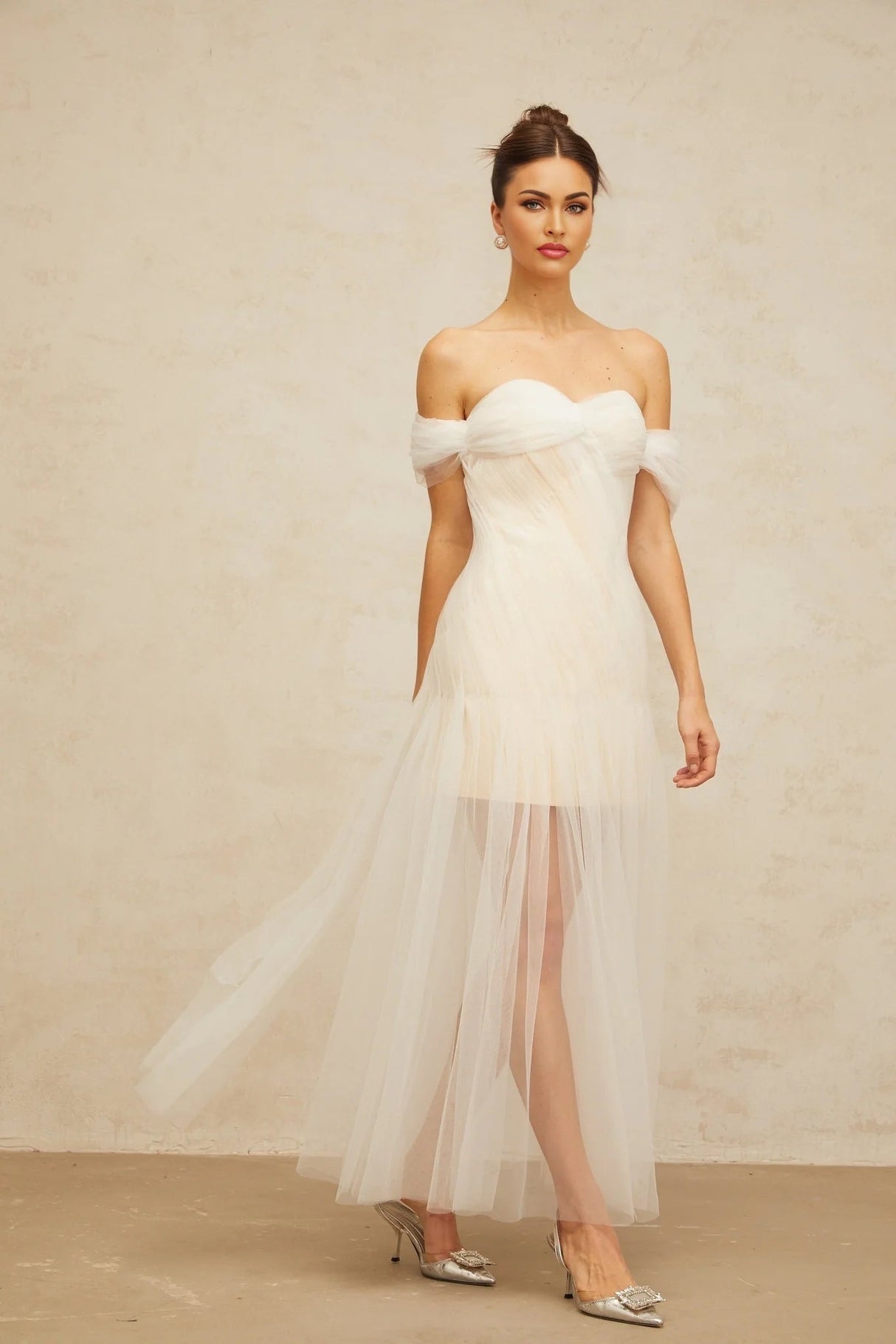 Violetta Maxi Dress White Pleated Tulle Off - Shoulder Hemline