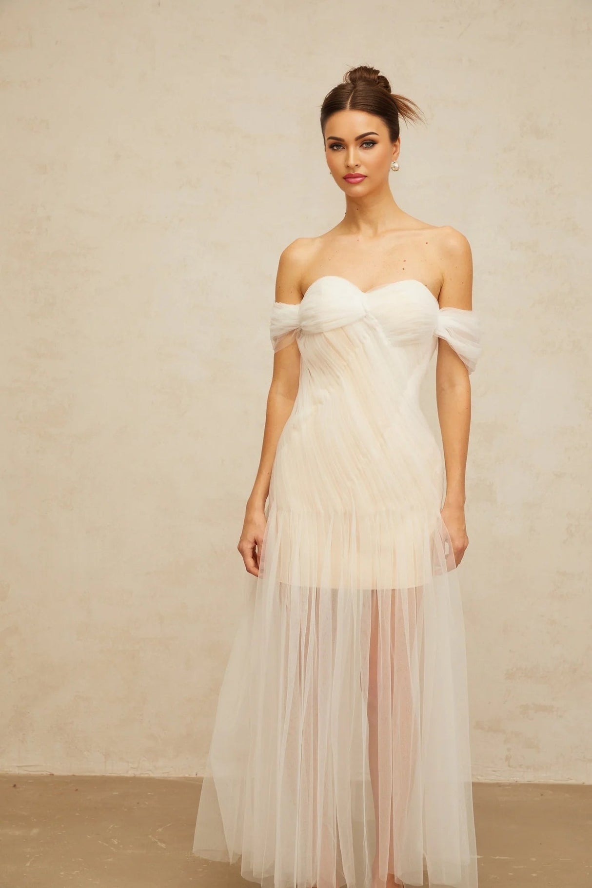 Violetta Maxi Dress White Pleated Tulle Off - Shoulder Hemline