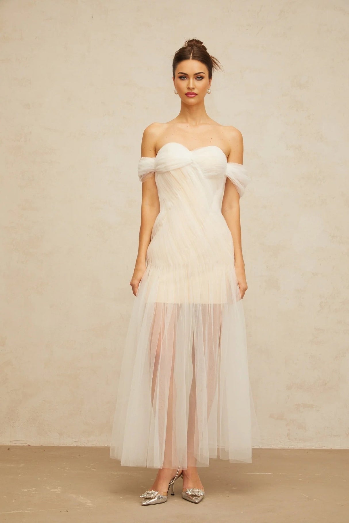 Violetta Maxi Dress White Pleated Tulle Off - Shoulder Hemline