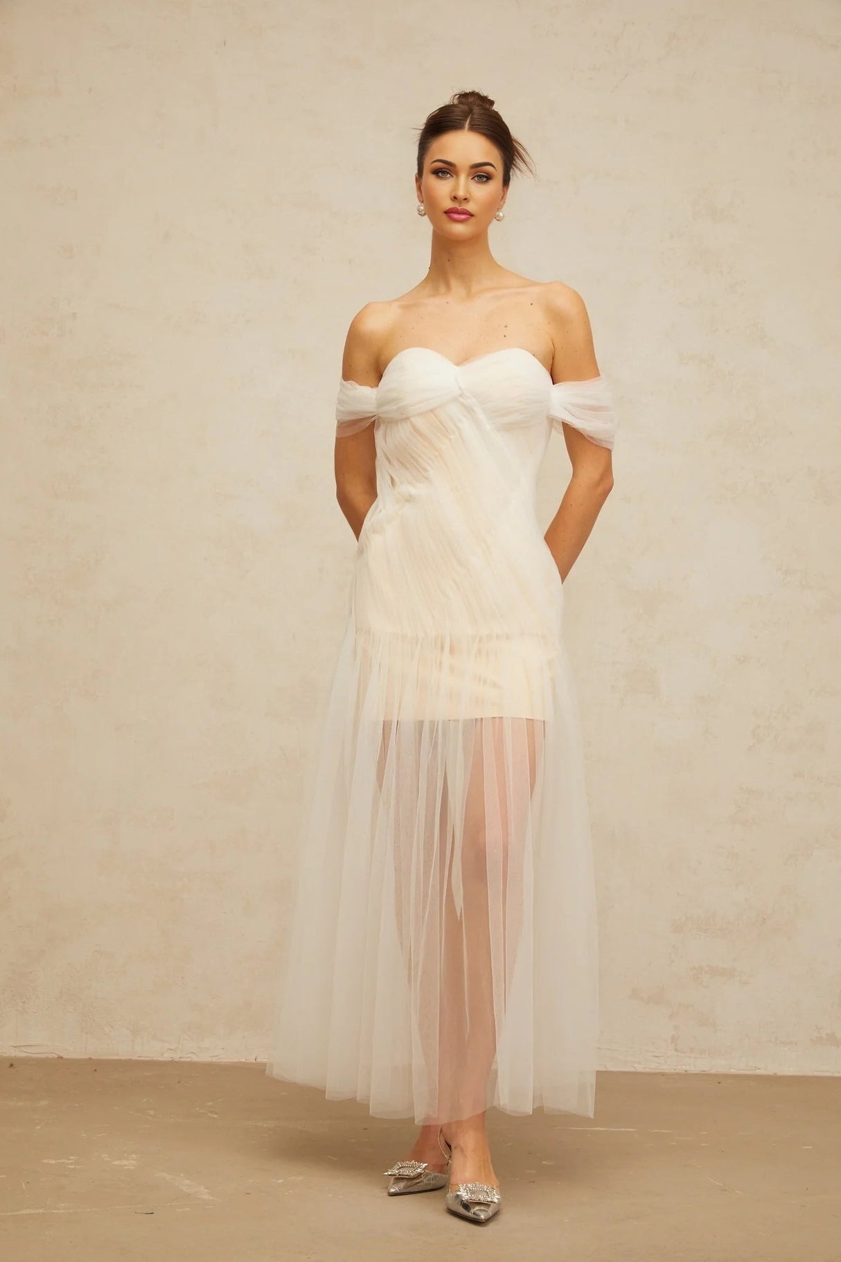 Violetta Maxi Dress White Pleated Tulle Off - Shoulder Hemline