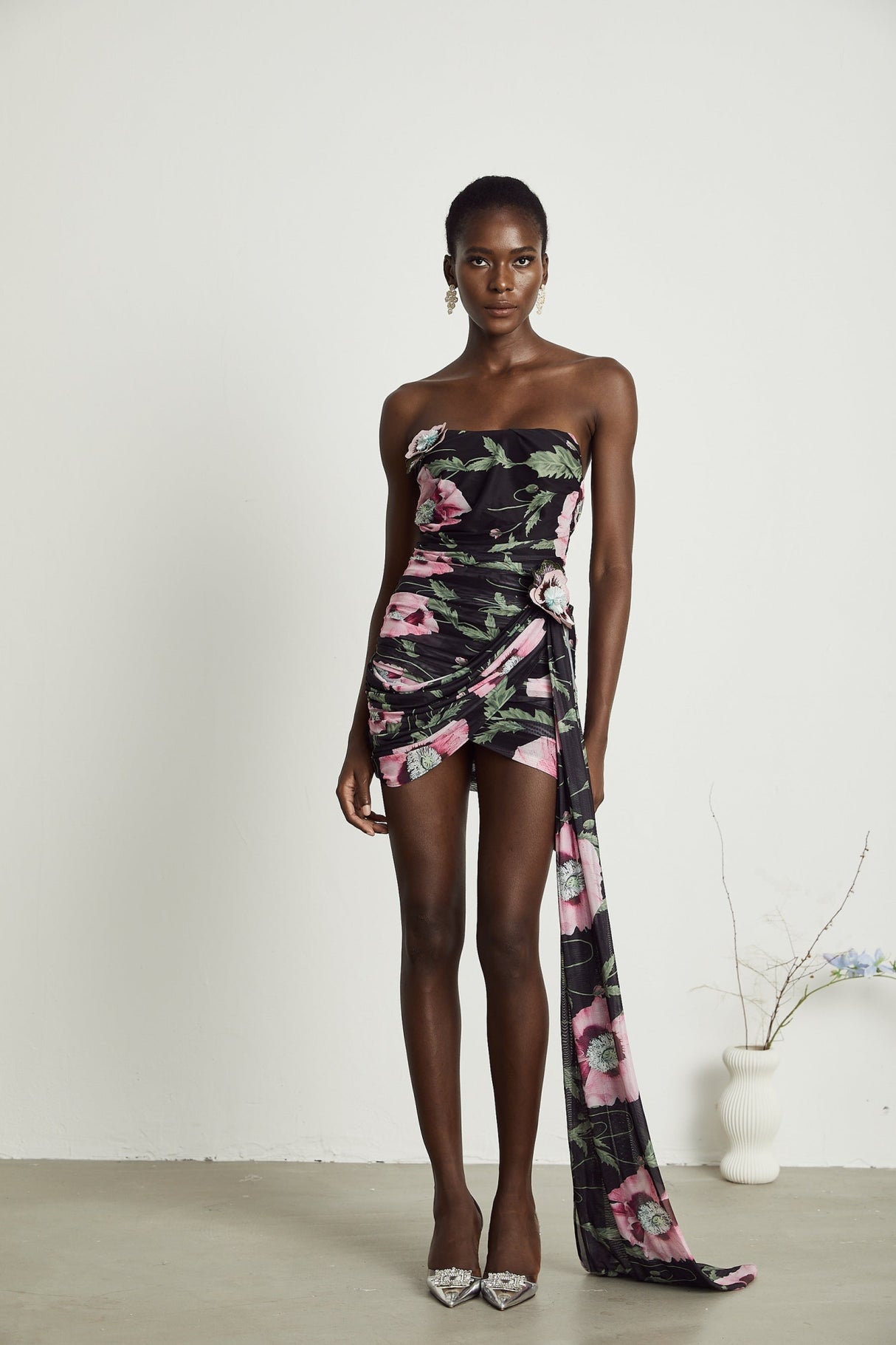 Violetta Mini Dress Black Pink Ribbon Floral Asymmetric Feminine