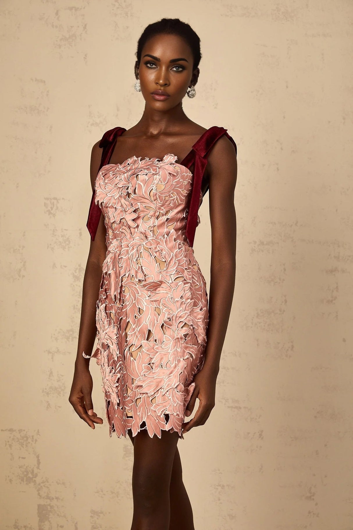 Violetta Mini Dress Pink Floral Off - Shoulder & Cut - Out Design