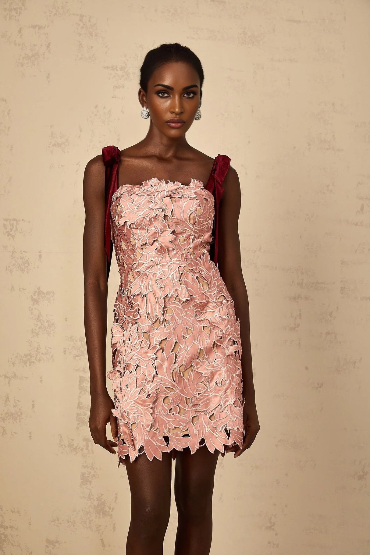 Violetta Mini Dress Pink Floral Off - Shoulder & Cut - Out Design