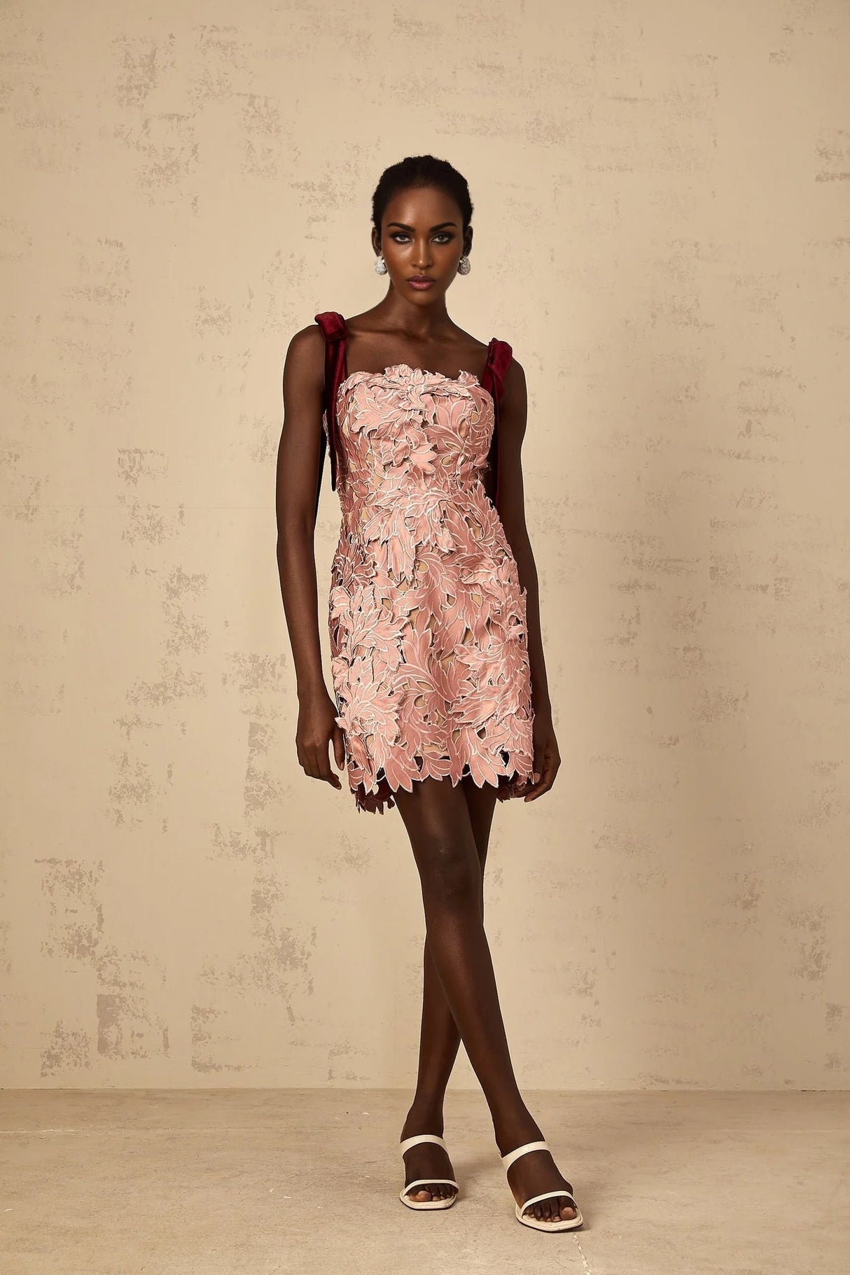 Violetta Mini Dress Pink Floral Off - Shoulder & Cut - Out Design