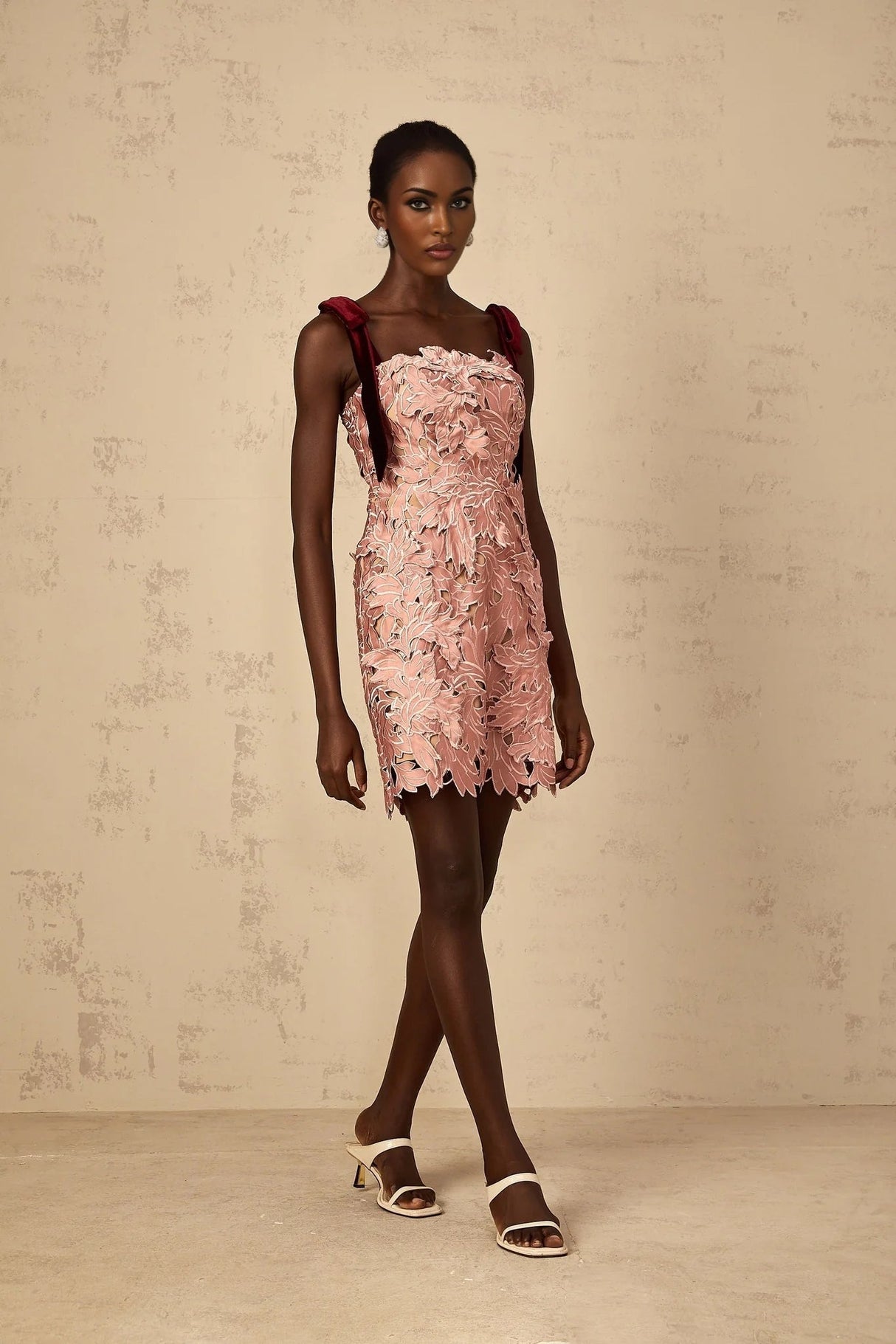 Violetta Mini Dress Pink Floral Off - Shoulder & Cut - Out Design