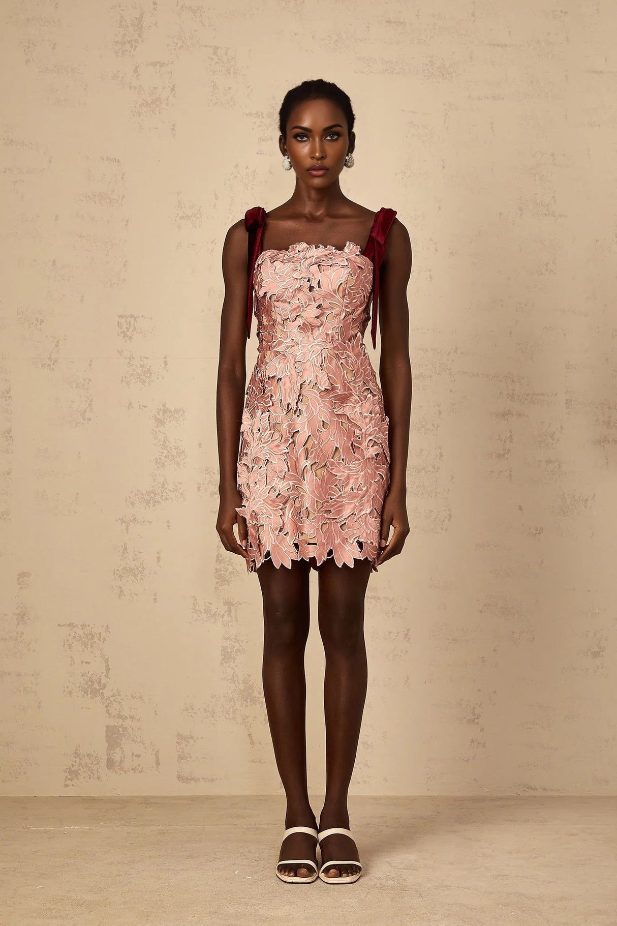 Violetta Mini Dress Pink Floral Off - Shoulder & Cut - Out Design