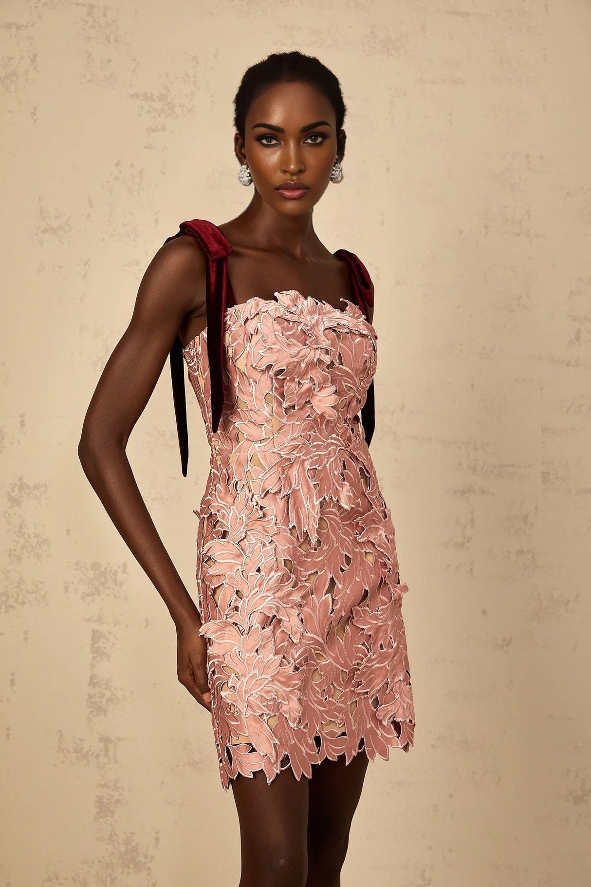 Violetta Mini Dress Pink Floral Off - Shoulder & Cut - Out Design