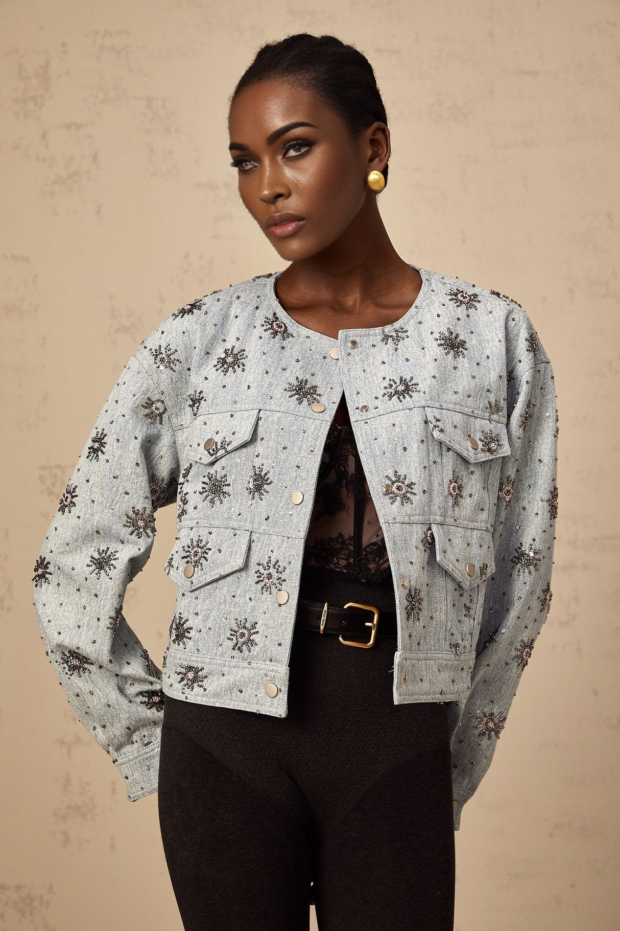 Virginia Denim Jacket Blue Studded Sun Motif