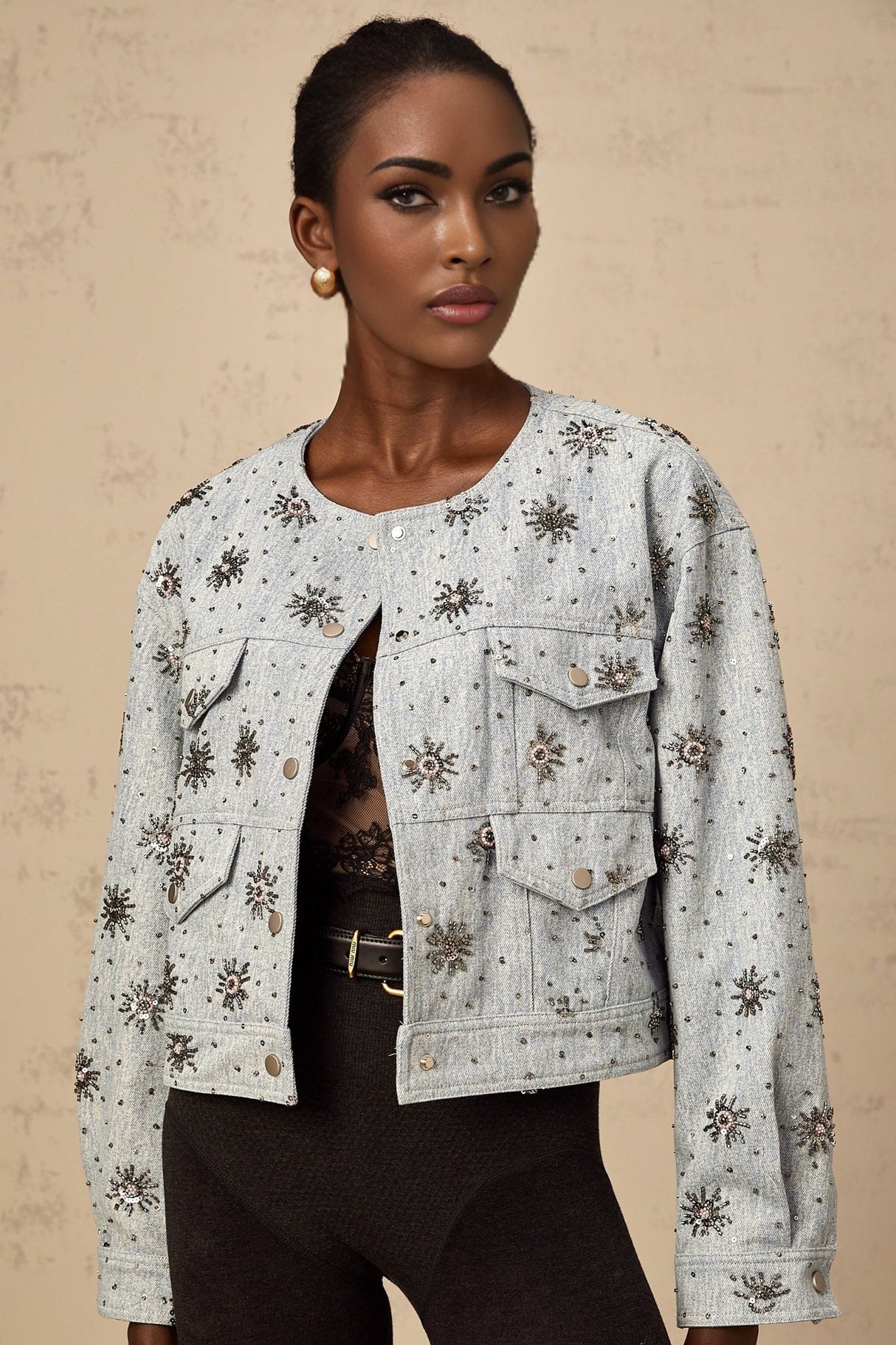 Virginia Denim Jacket Blue Studded Sun Motif