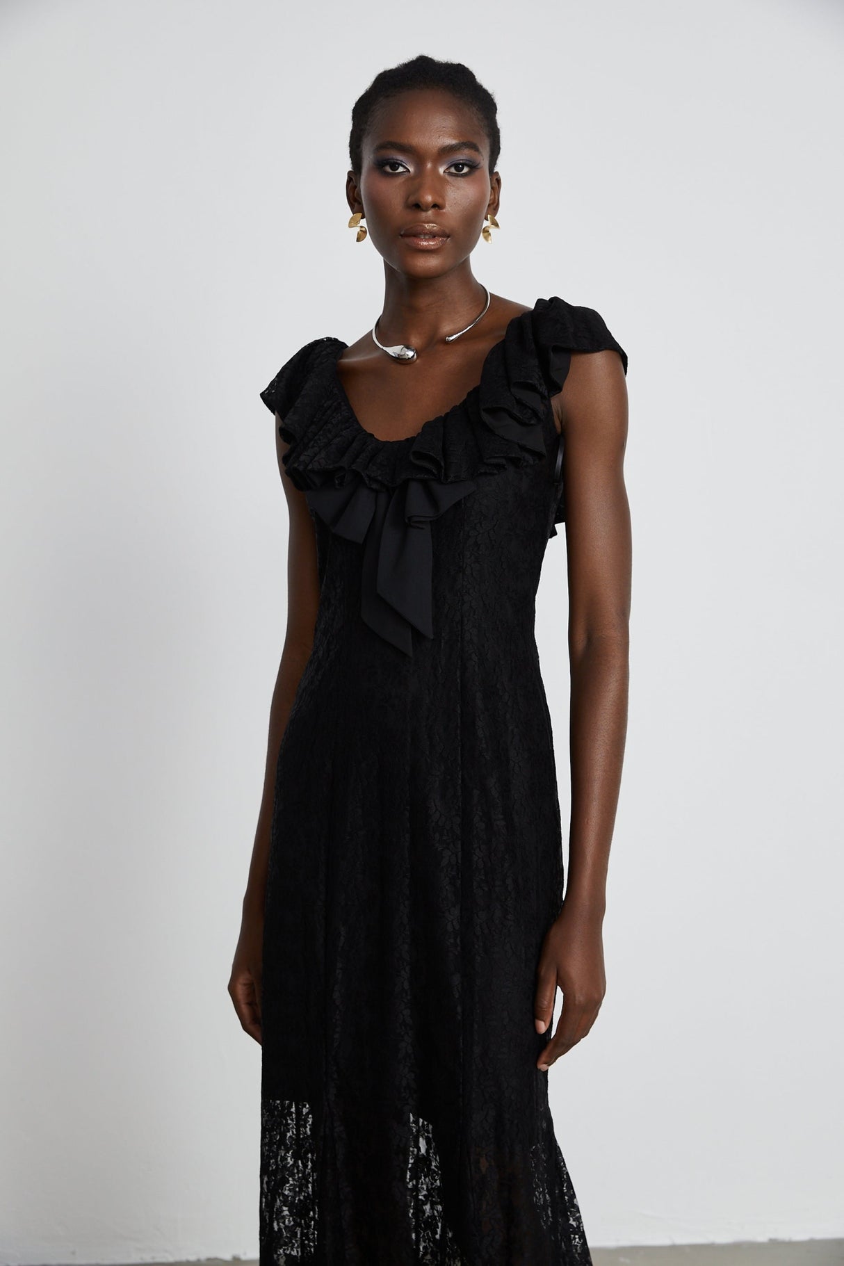 Virginia Gown Black Chantilly Lace Bow Trim & Slip Dress