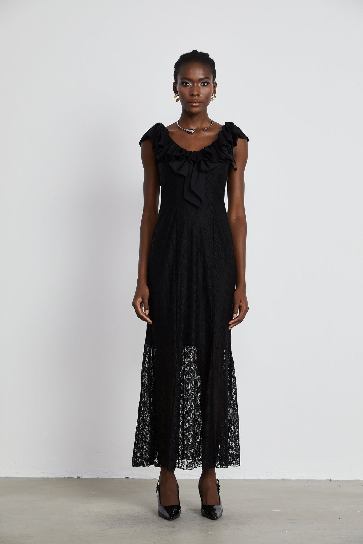 Virginia Gown Black Chantilly Lace Bow Trim & Slip Dress