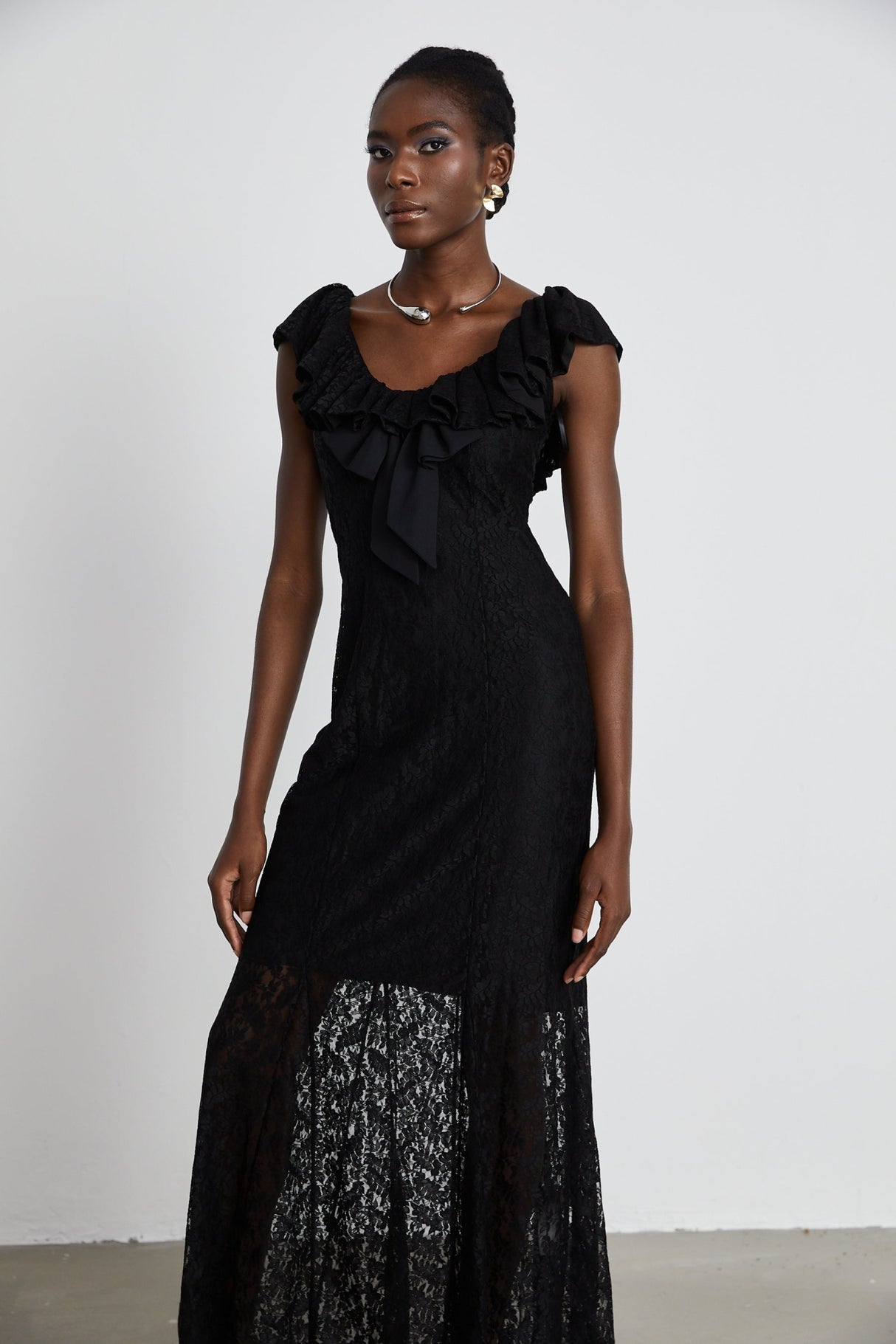 Virginia Gown Black Chantilly Lace Bow Trim & Slip Dress