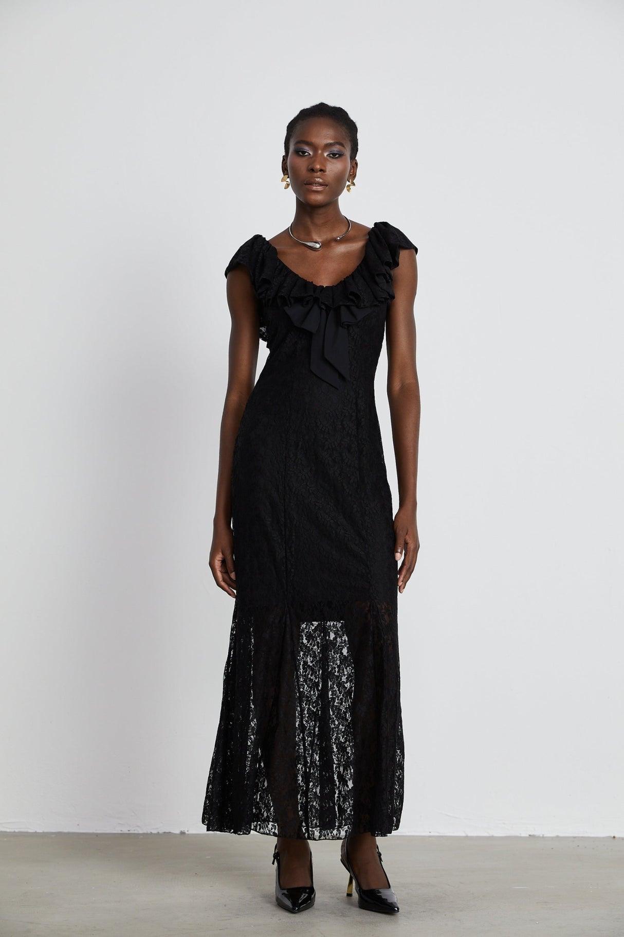 Virginia Gown Black Chantilly Lace Bow Trim & Slip Dress