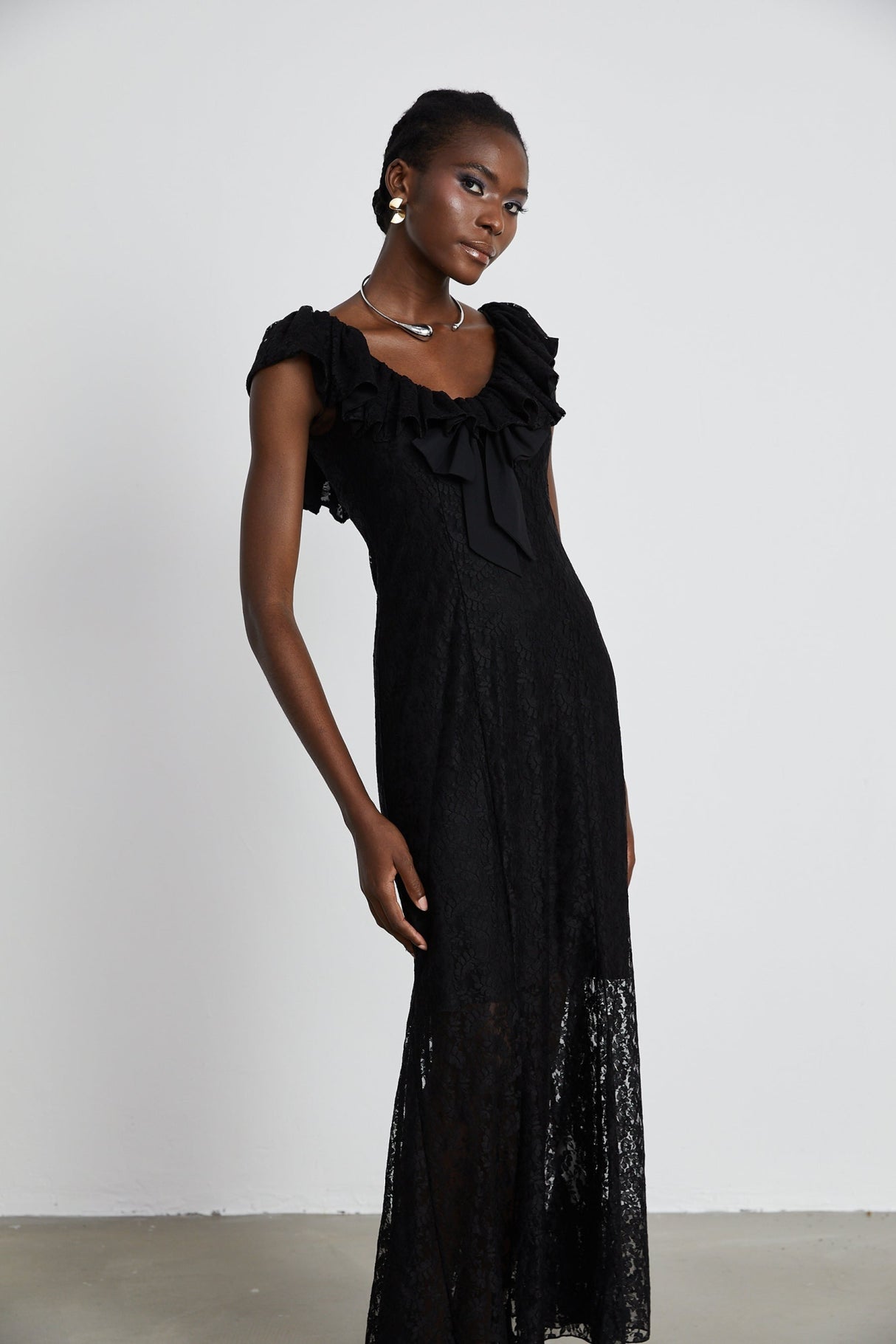 Virginia Gown Black Chantilly Lace Bow Trim & Slip Dress