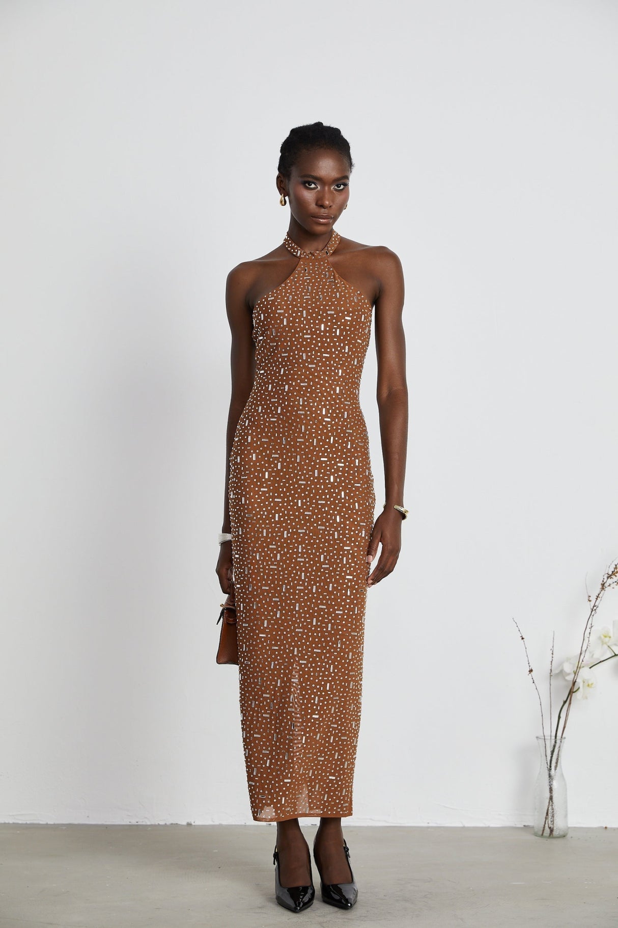 Virginia Maxi Dress - Halter Neck Brown with Crystal Embellishment & Bodycon Fit