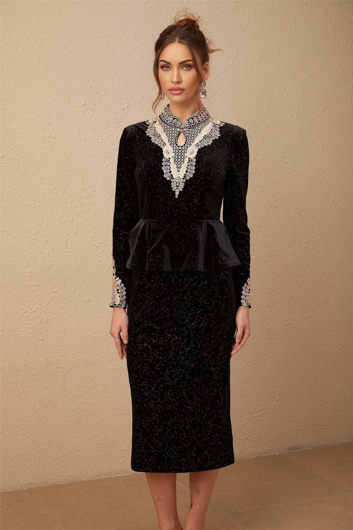 Virginia Midi Dress Black Gold Sequin Ruffle Lace Embellished