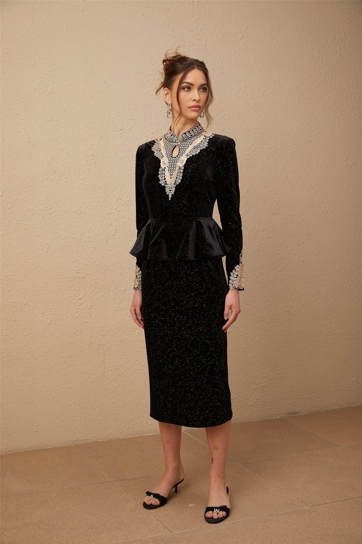 Virginia Midi Dress Black Gold Sequin Ruffle Lace Embellished