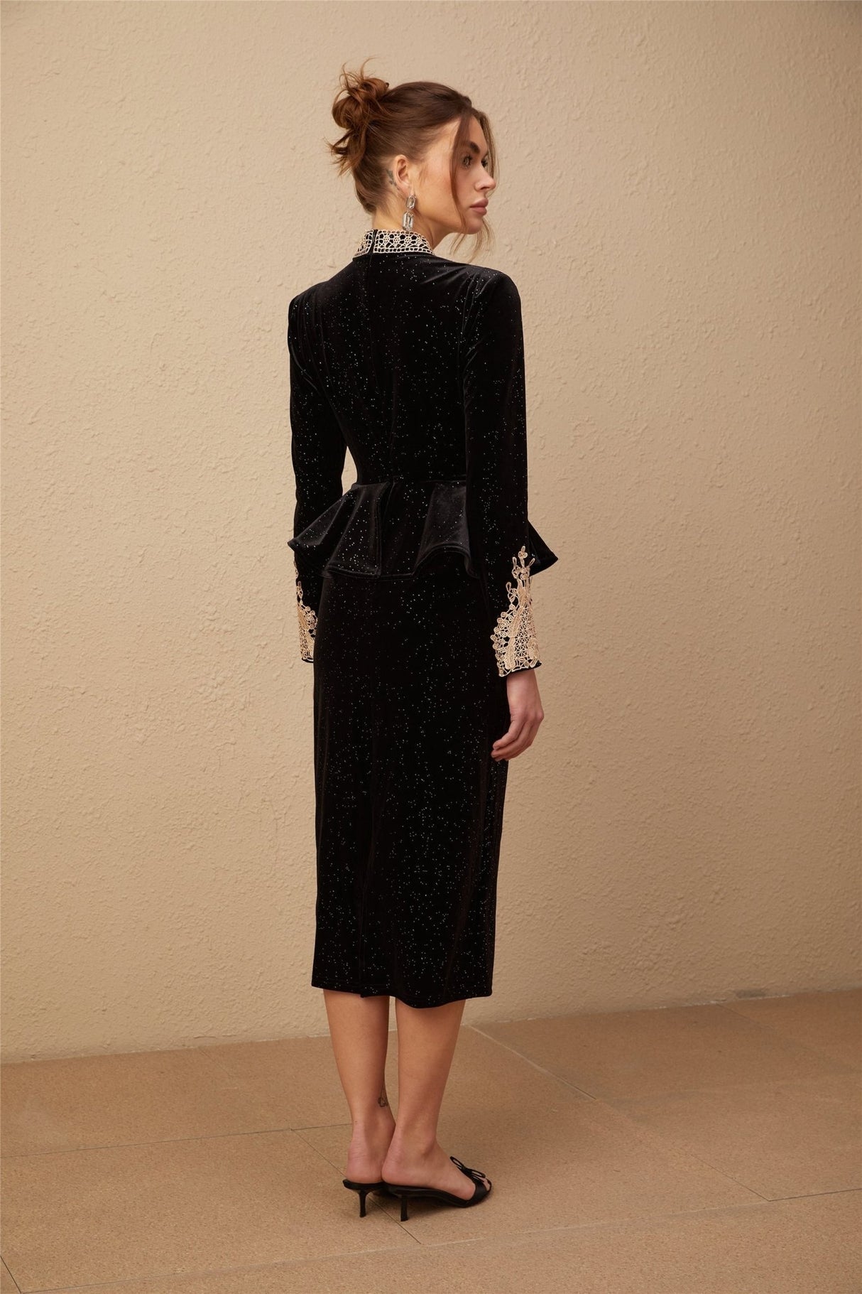 Virginia Midi Dress Black Gold Sequin Ruffle Lace Embellished