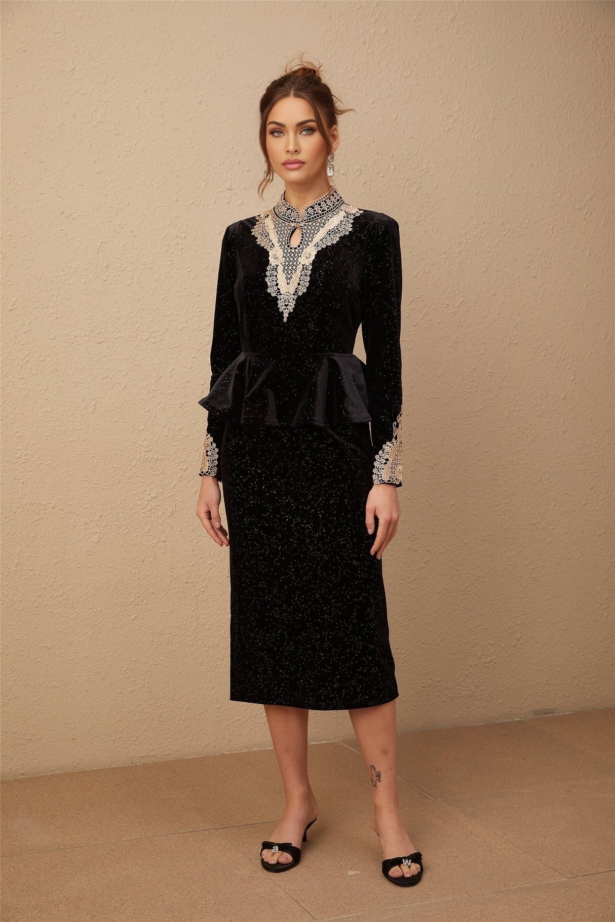 Virginia Midi Dress Black Gold Sequin Ruffle Lace Embellished