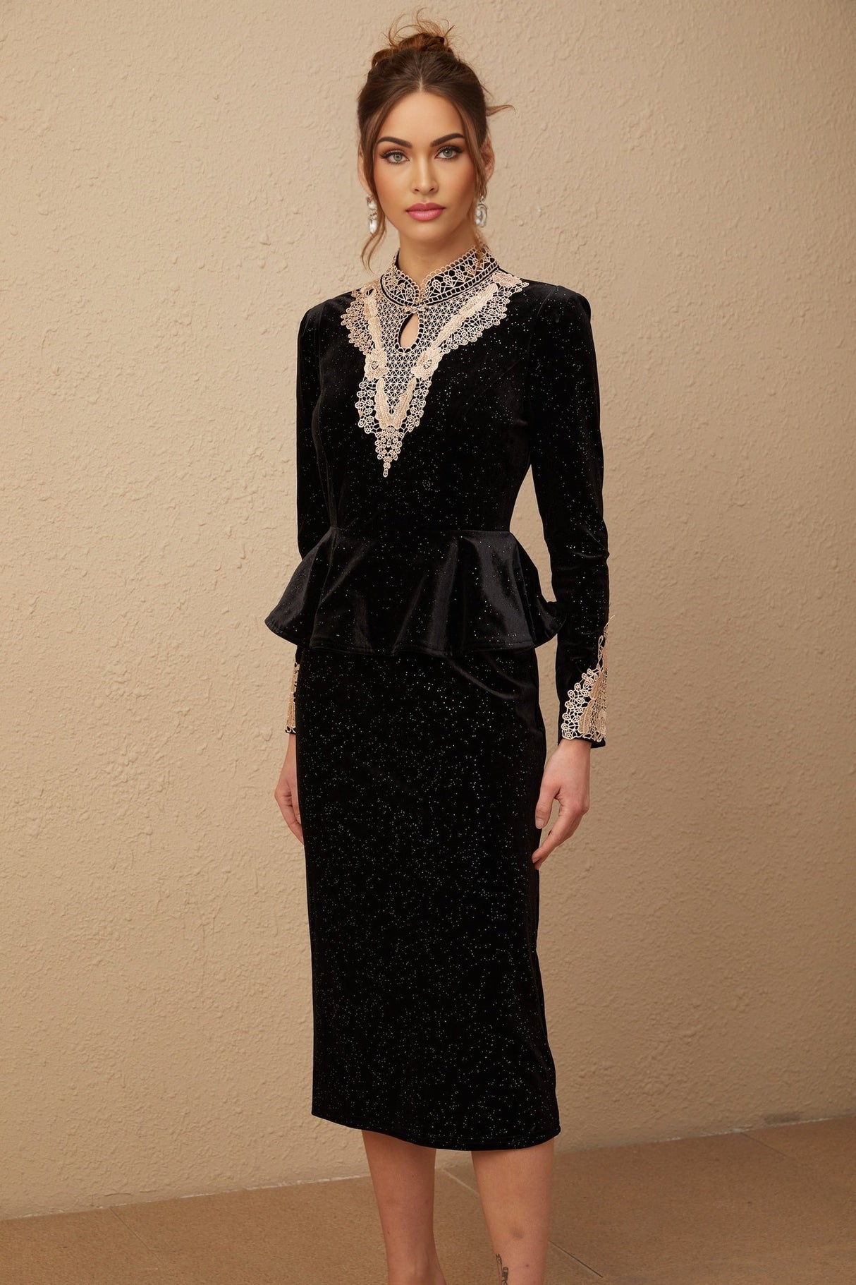 Virginia Midi Dress Black Gold Sequin Ruffle Lace Embellished