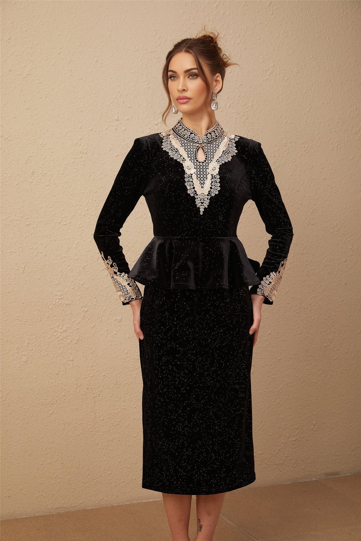 Virginia Midi Dress Black Gold Sequin Ruffle Lace Embellished