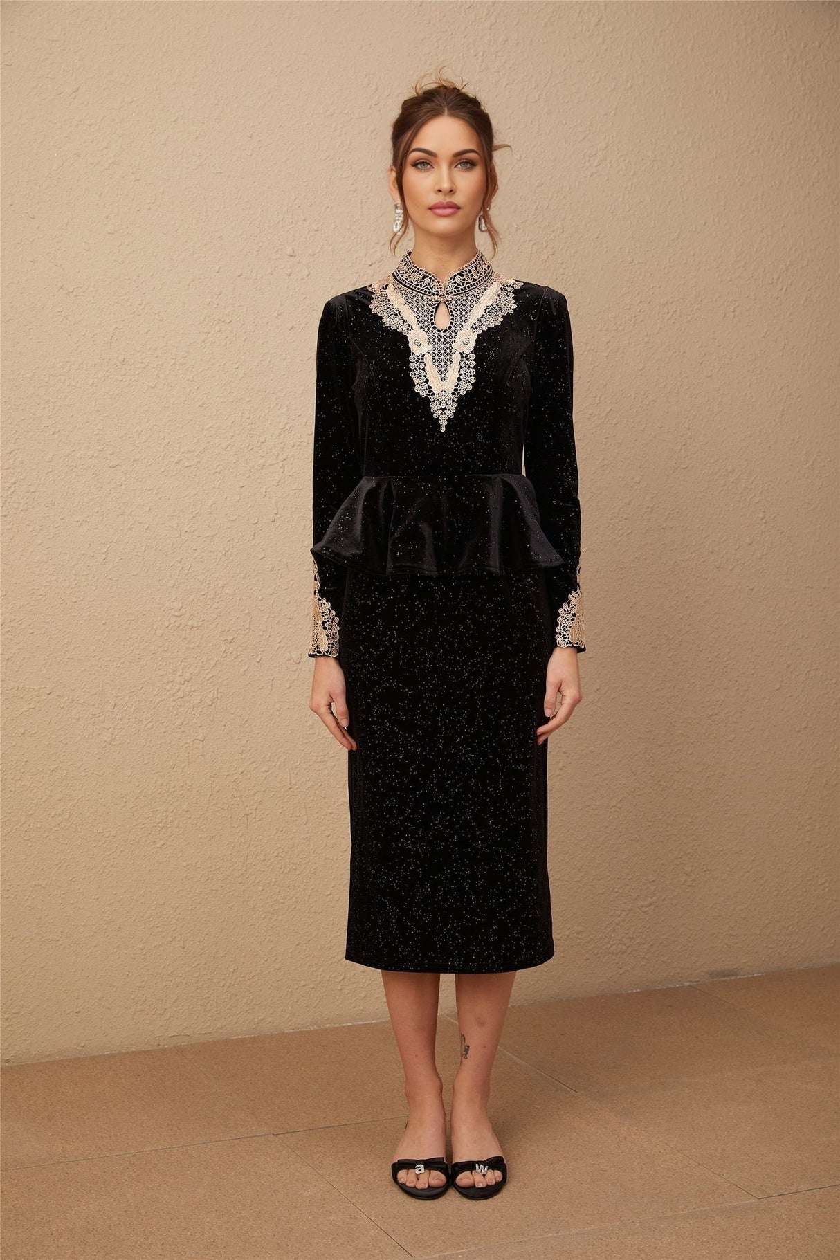 Virginia Midi Dress Black Gold Sequin Ruffle Lace Embellished