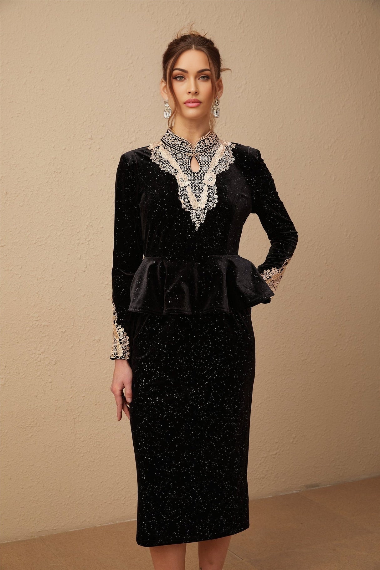 Virginia Midi Dress - tone Accents - Long Sleeves - Lace Detailing - Cut - out Design