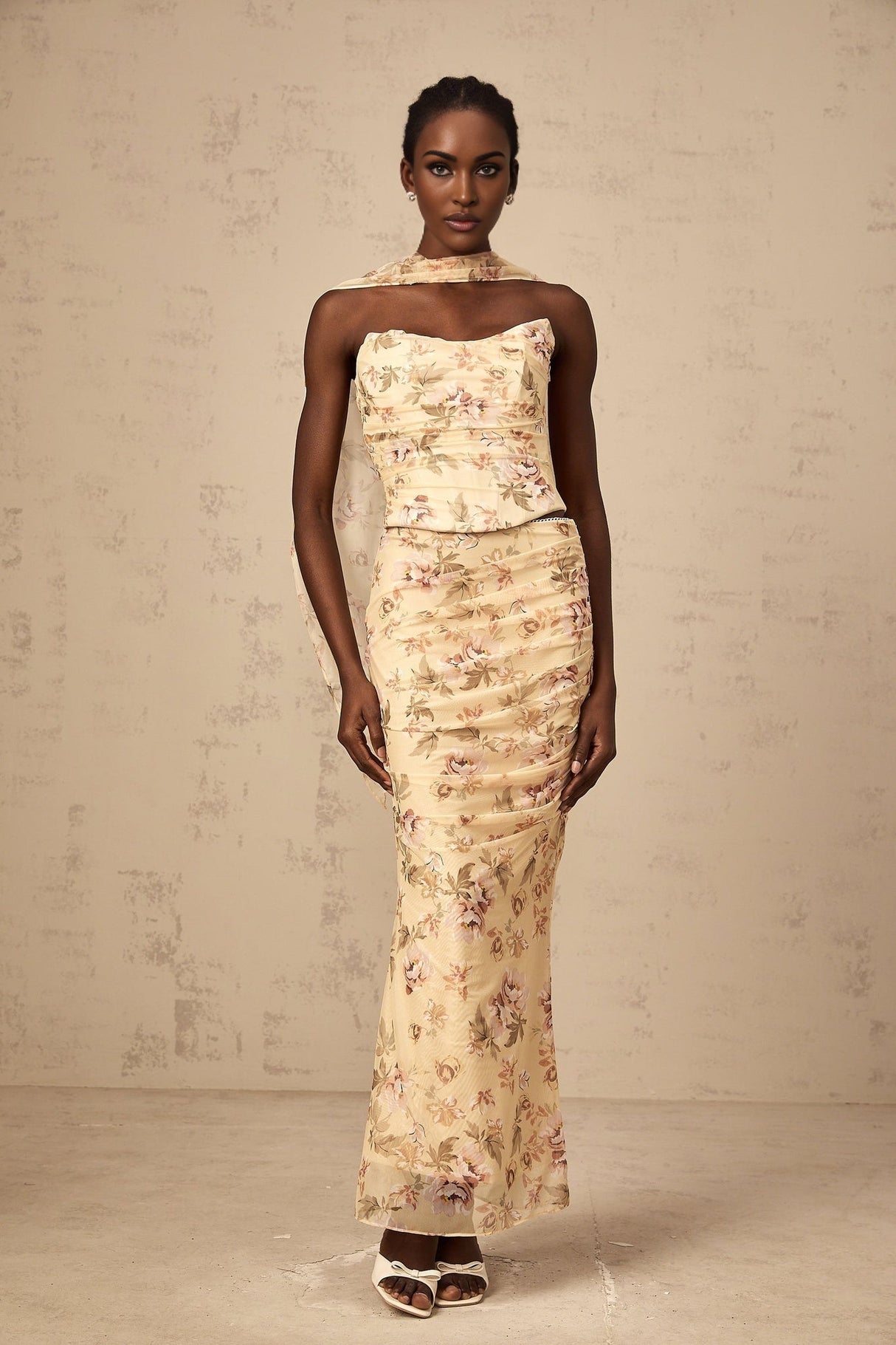 Virginia Skirt & Top Set Yellow Floral Print Fitted Ensemble