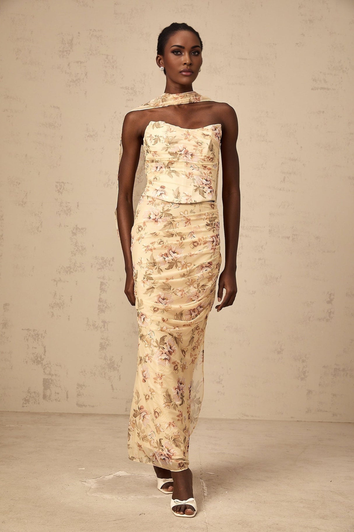 Virginia Skirt & Top Set Yellow Floral Print Fitted Ensemble