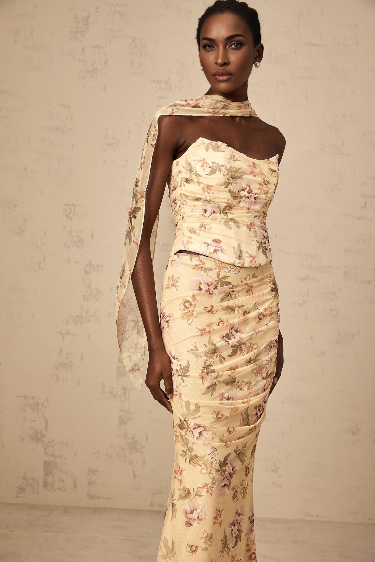 Virginia Skirt & Top Set Yellow Floral Print Fitted Ensemble