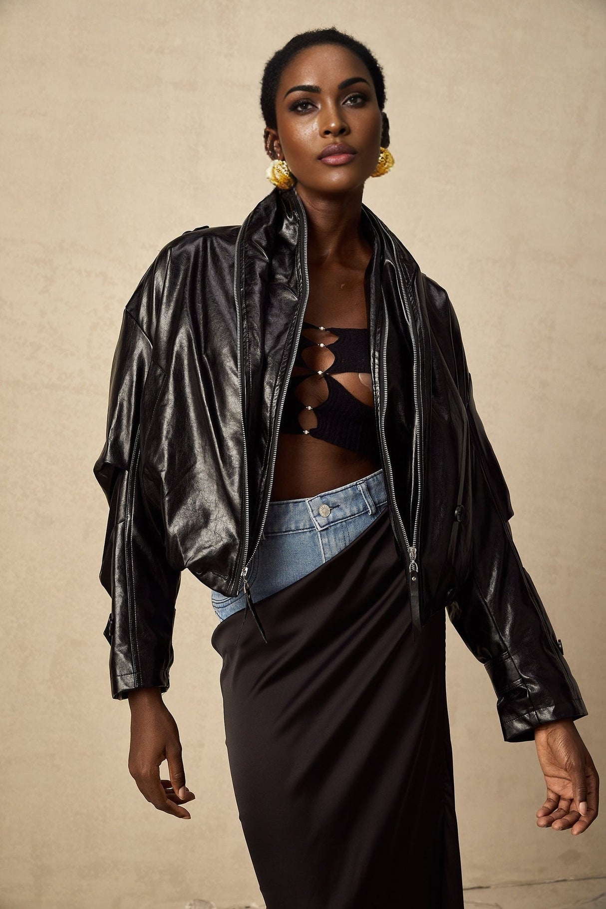 Virginie Black Cropped Faux Leather Jacket With Puff Hem