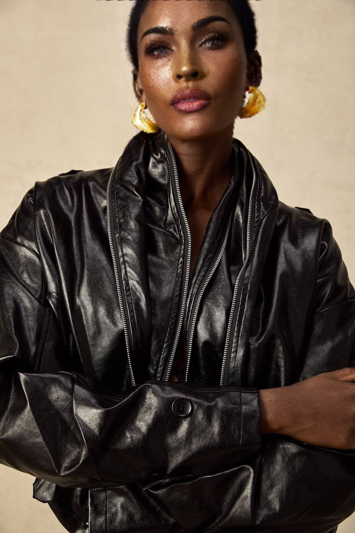 Virginie Black Cropped Faux Leather Jacket With Puff Hem