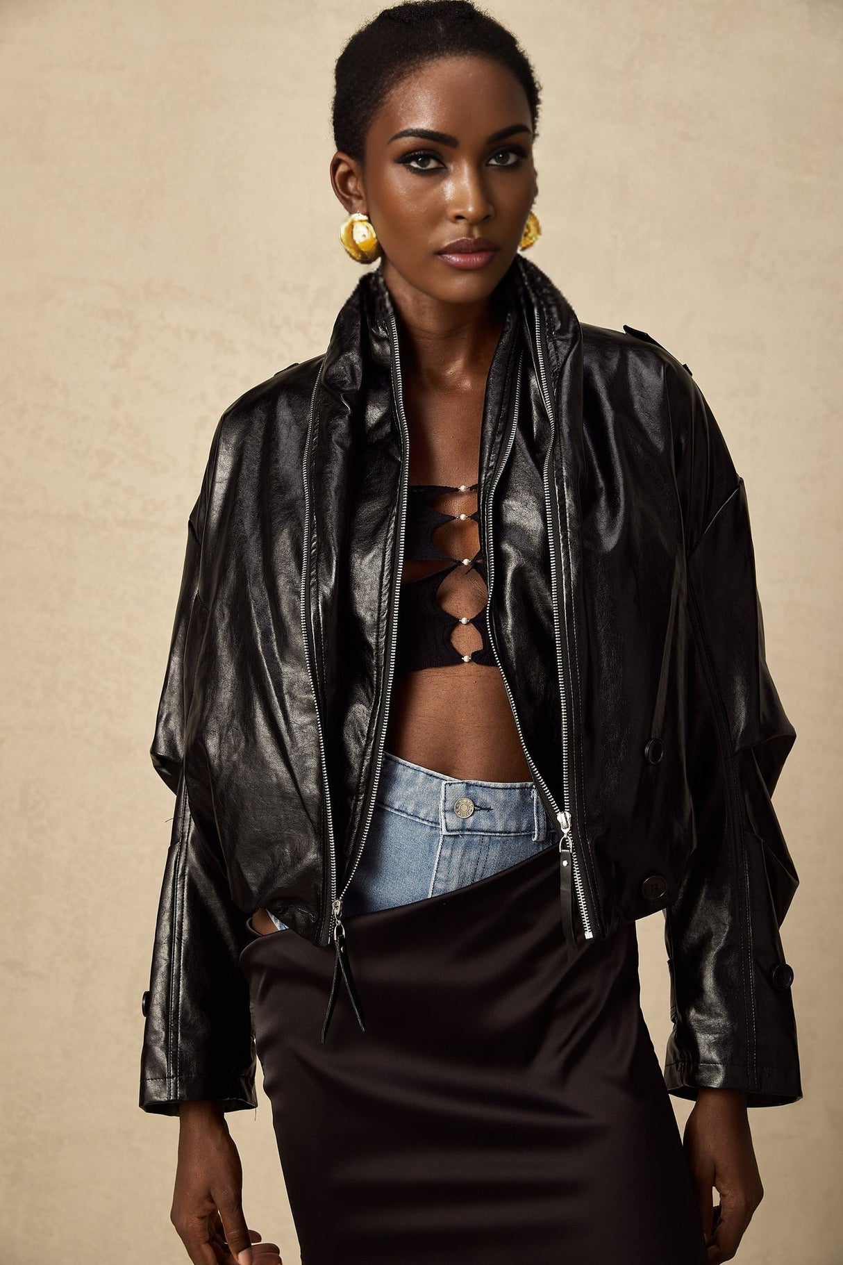 Virginie Black Cropped Faux Leather Jacket With Puff Hem