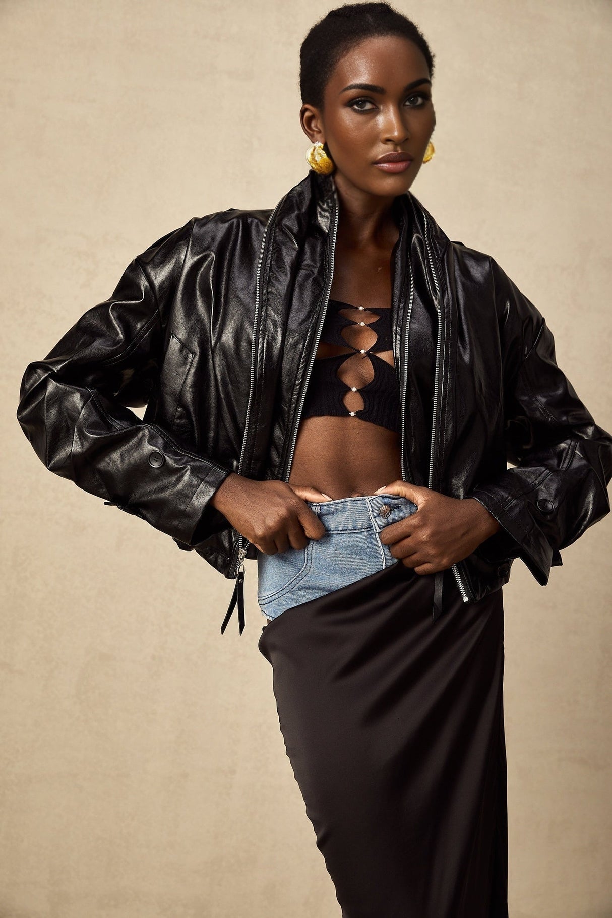 Virginie Black Cropped Faux Leather Jacket With Puff Hem