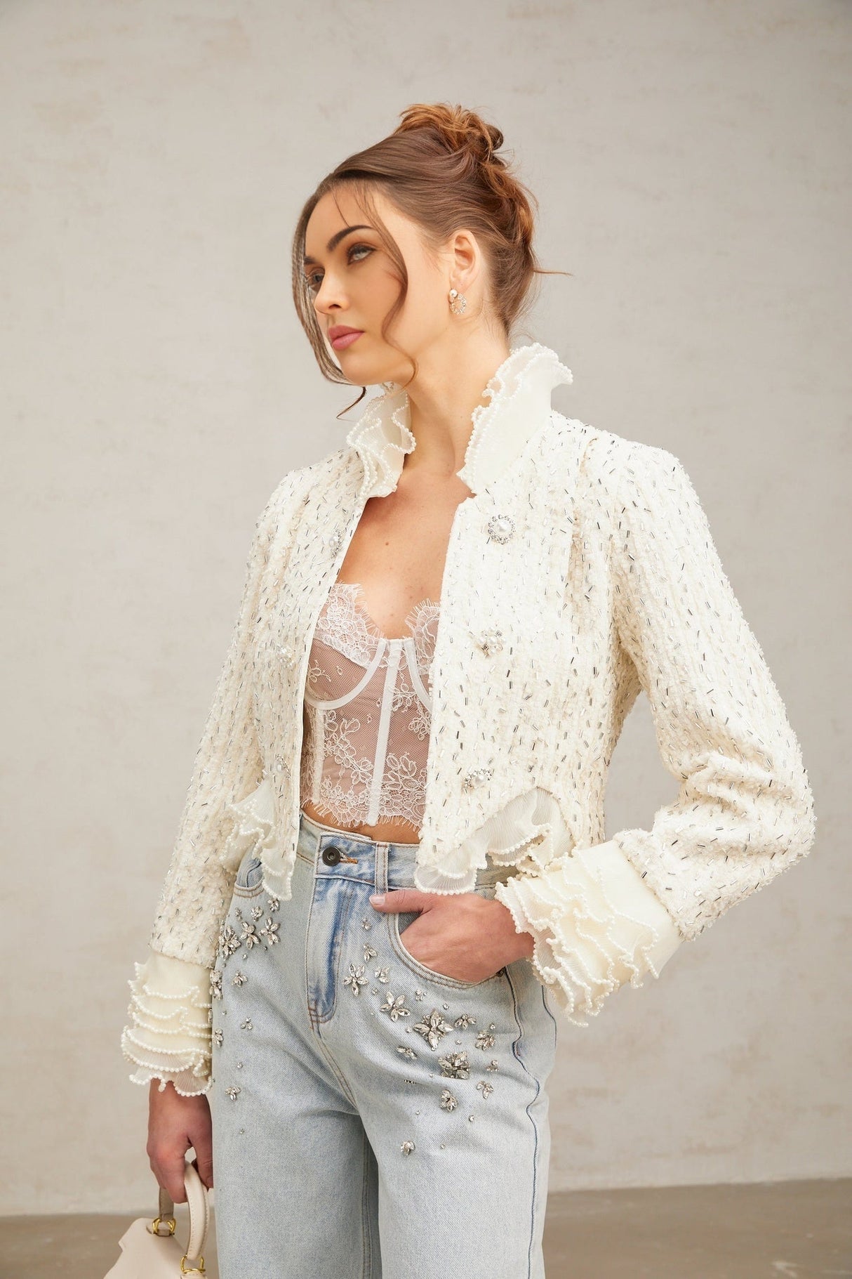 Vittoria Jacket Vittoria Beaded Ruffle Cropped White Jacket