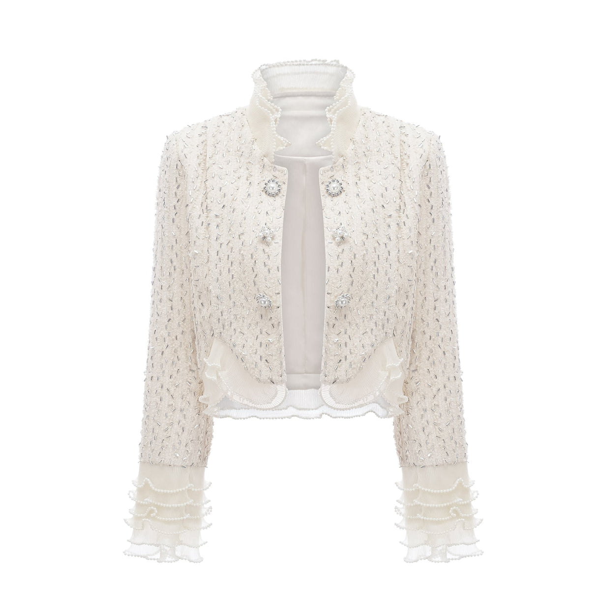 Vittoria Jacket Vittoria Beaded Ruffle Cropped White Jacket