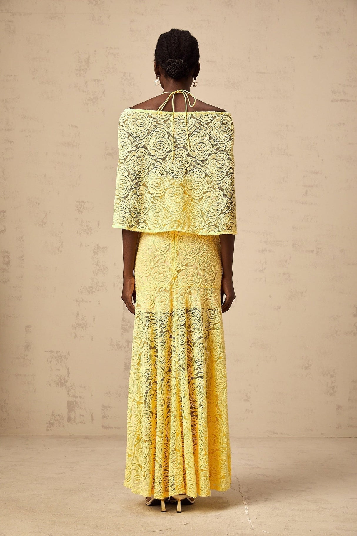 Vittoria Maxi Dress in Radiant Yellow with Halterneck SemiSheer Construction & Chantilly Lace Detail