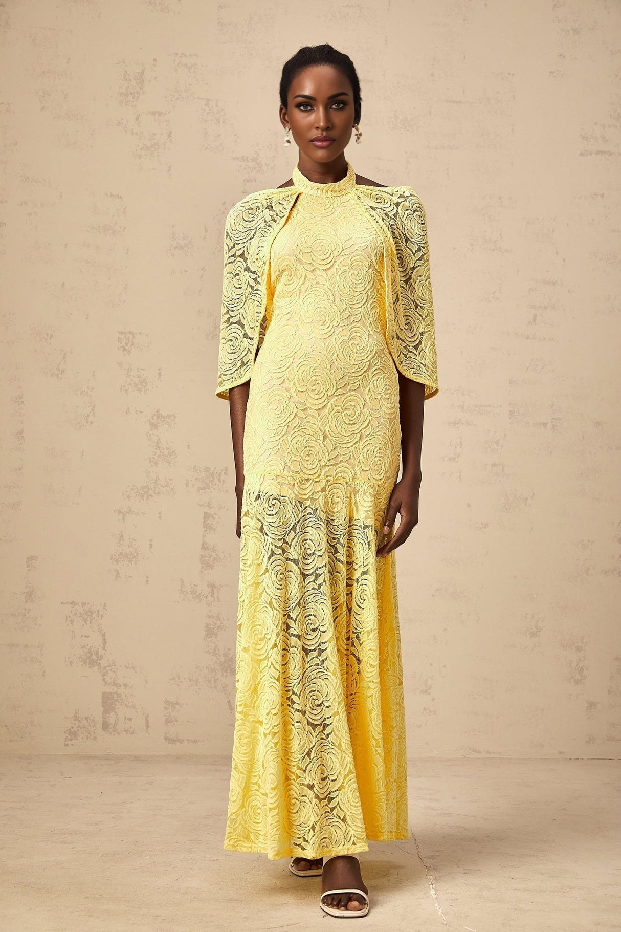 Vittoria Maxi Dress in Radiant Yellow with Halterneck SemiSheer Construction & Chantilly Lace Detail