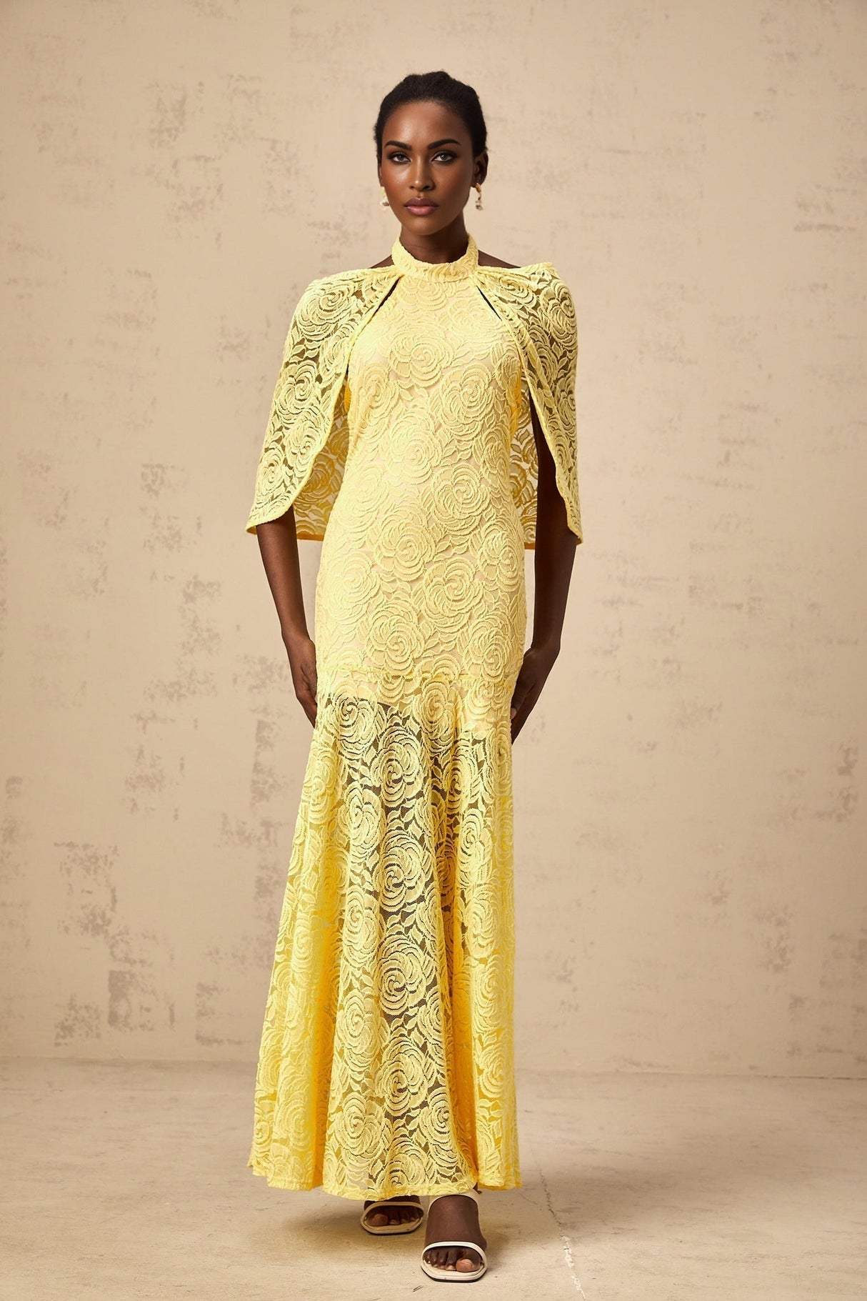 Vittoria Maxi Dress in Radiant Yellow with Halterneck SemiSheer Construction & Chantilly Lace Detail
