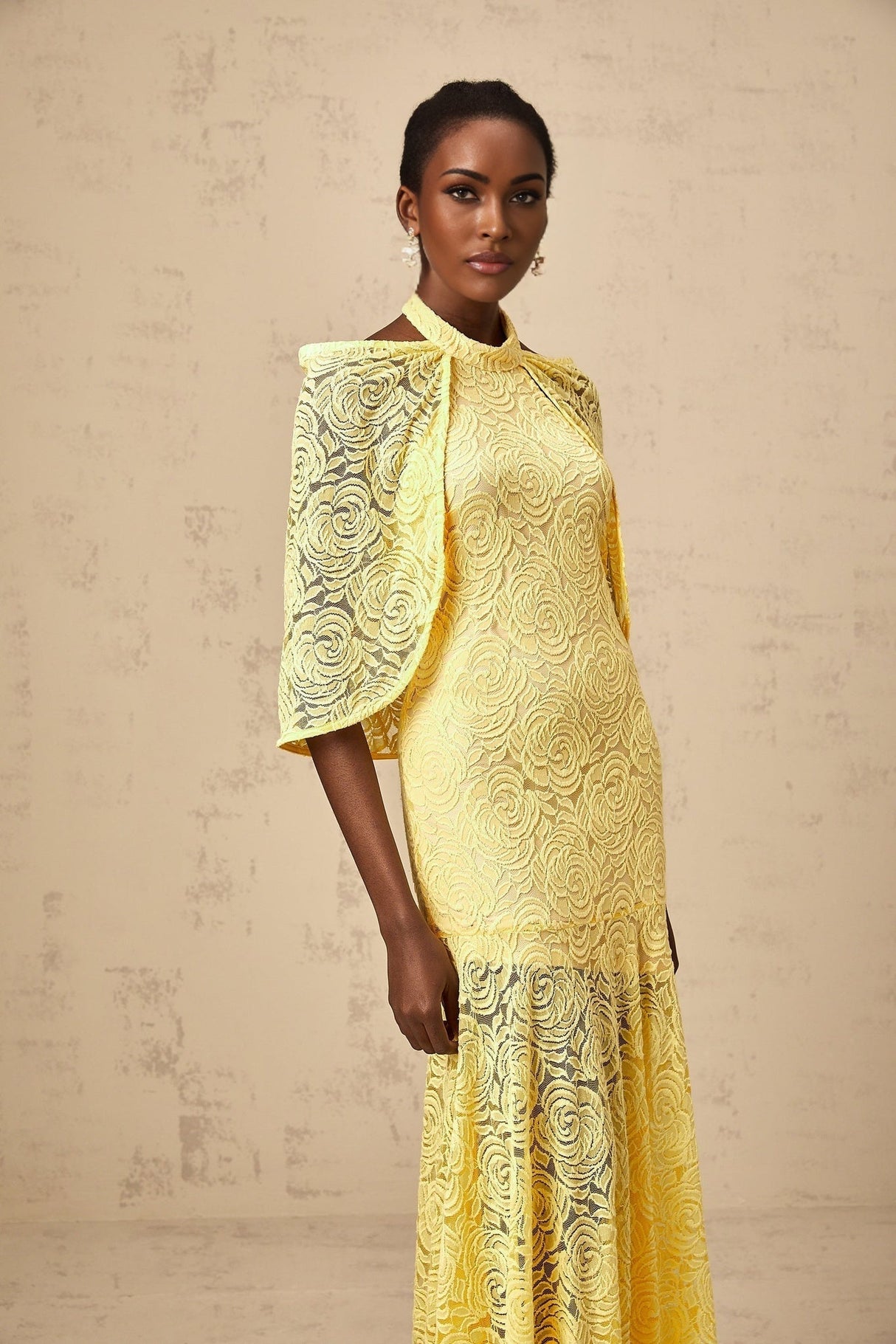 Vittoria Maxi Dress in Radiant Yellow with Halterneck SemiSheer Construction & Chantilly Lace Detail