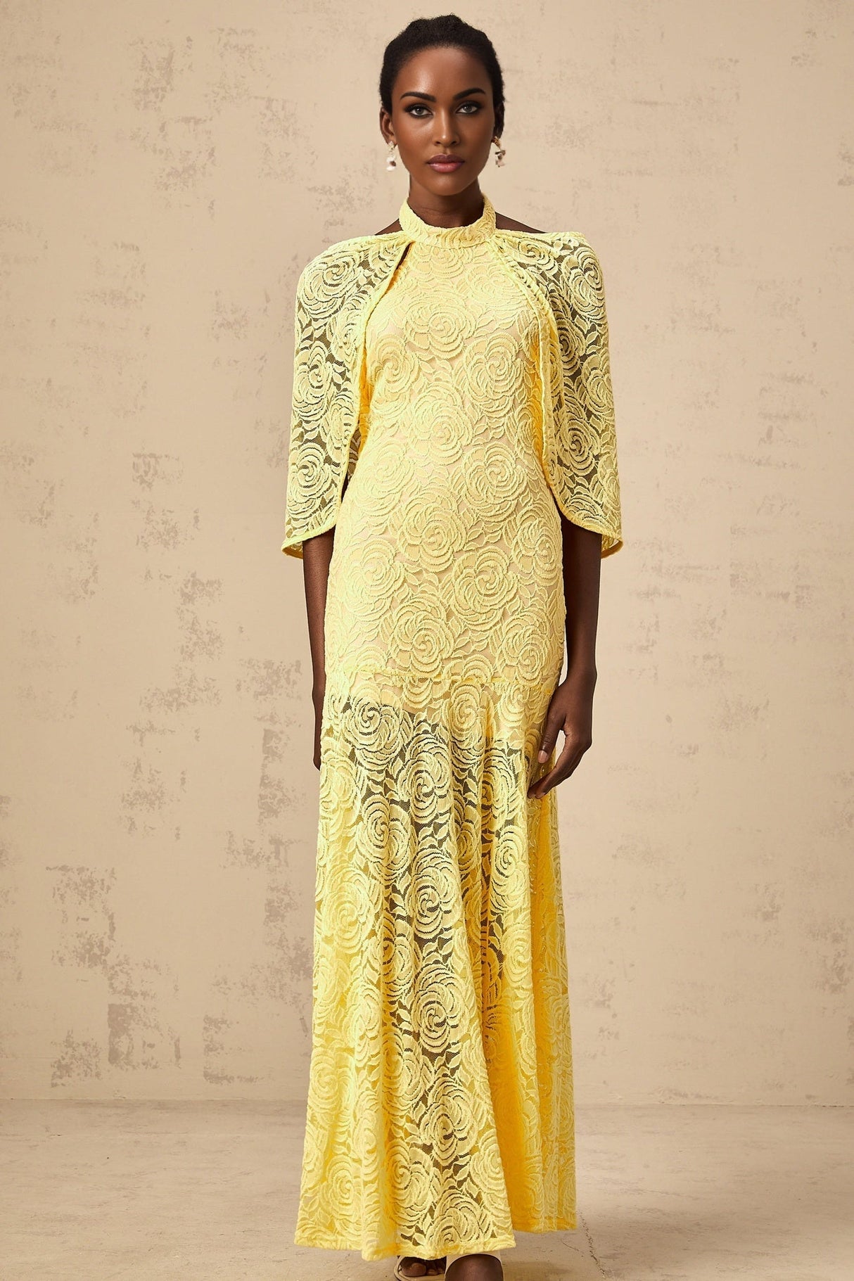 Vittoria Maxi Dress in Radiant Yellow with Halterneck SemiSheer Construction & Chantilly Lace Detail