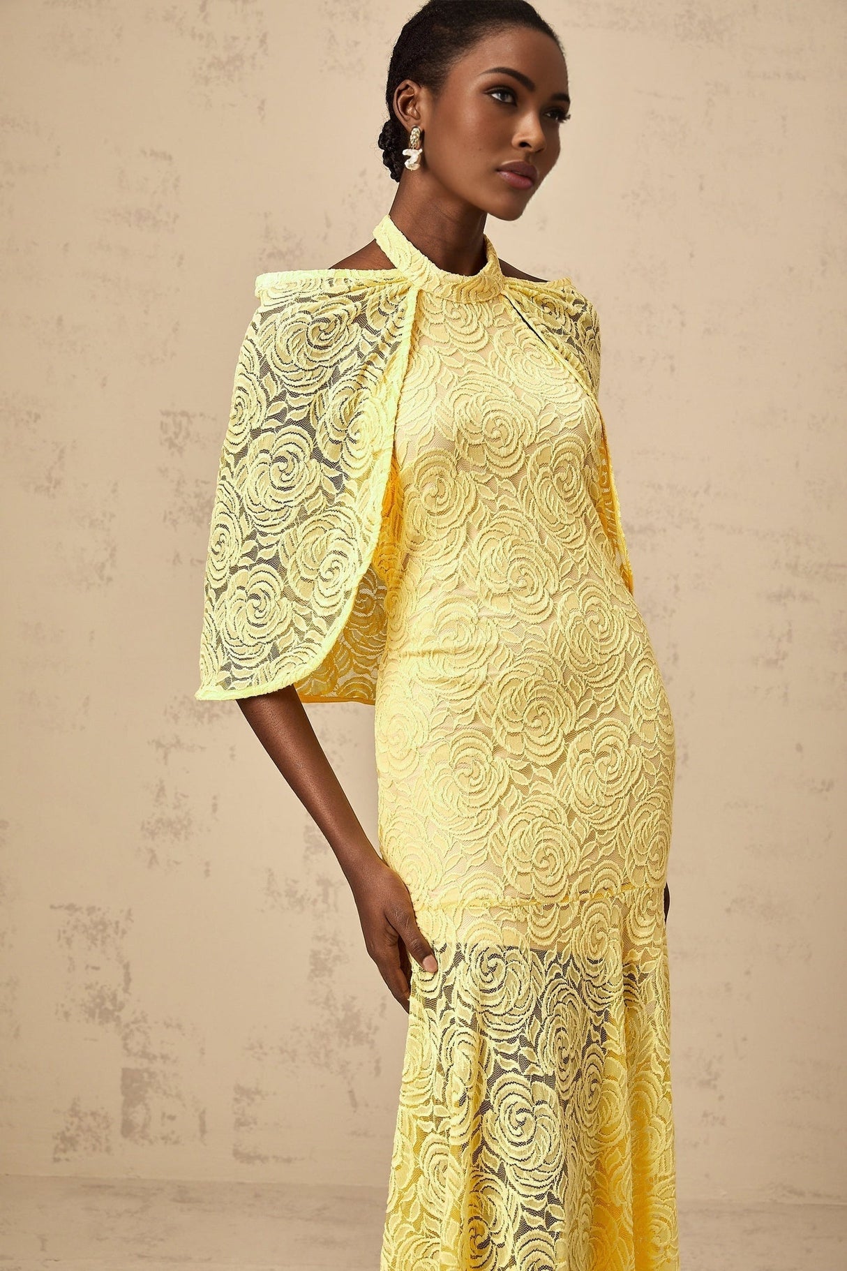 Vittoria Maxi Dress in Radiant Yellow with Halterneck SemiSheer Construction & Chantilly Lace Detail