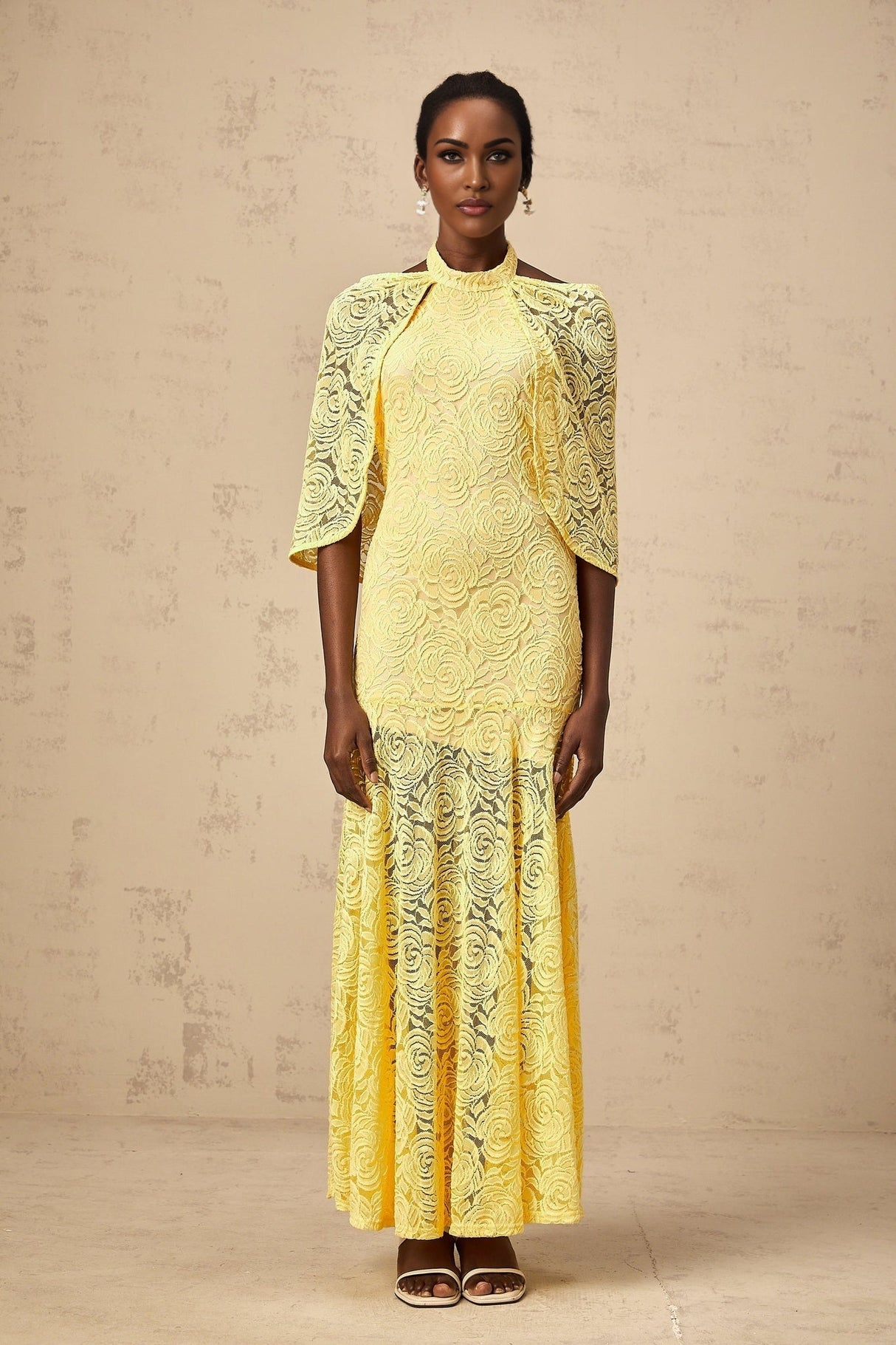 Vittoria Maxi Dress in Radiant Yellow with Halterneck SemiSheer Construction & Chantilly Lace Detail