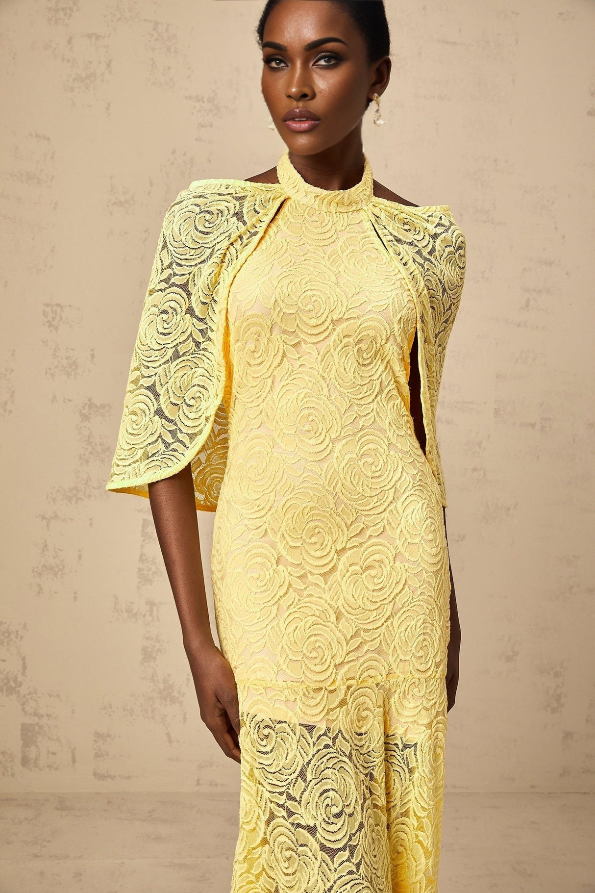 Vittoria Maxi Dress in Radiant Yellow with Halterneck SemiSheer Construction & Chantilly Lace Detail
